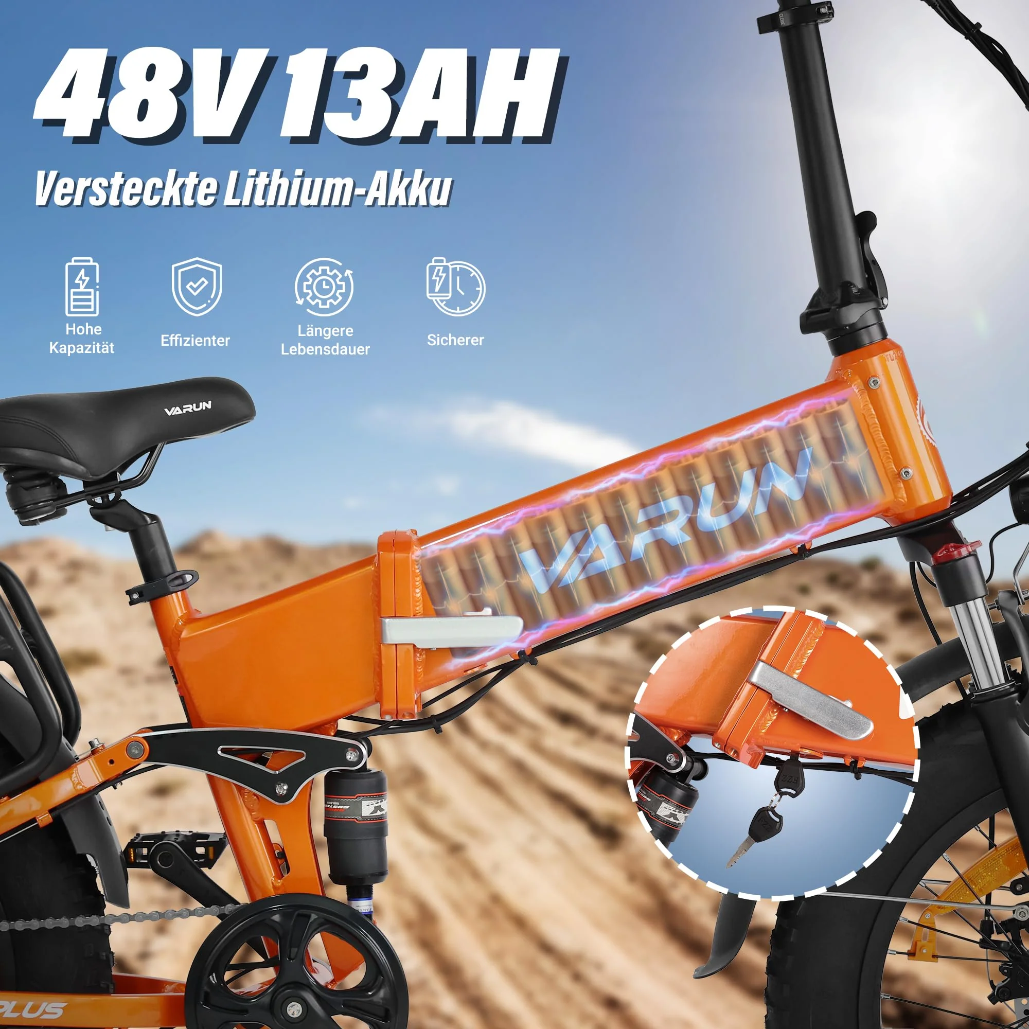 VARUN E Bike Herren und Damen Elektrofahrrad, Faltbares 20 * 4.0 Zoll E-Bike, mit 48V/13Ah Li-Ion Akku, LCD Display, Dual Shock Absorption, Leistung bis zu 100km, MTB - Image 2