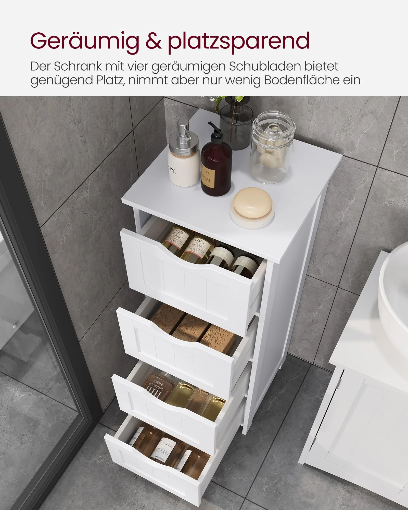 VASAGLE Badezimmerschrank, Badschrank, Beistellschrank mit 4 Schubladen, 30 x 30 x 82 cm, für Badezimmer, Wohnzimmer, Esszimmer, Küche, modern, weiß LHC40W - Image 3