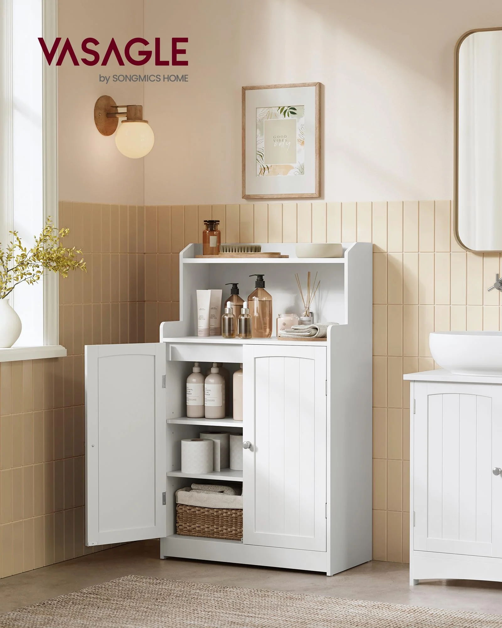 VASAGLE Badezimmerschrank, Badschrank mit 2 Türen, 2 verstellbare Eingeböden, 30 x 60 x 100 cm, Schrank für Esszimmer, Küche, Wohnzimmer, wolkenweiß BBC770W01 - Image 2