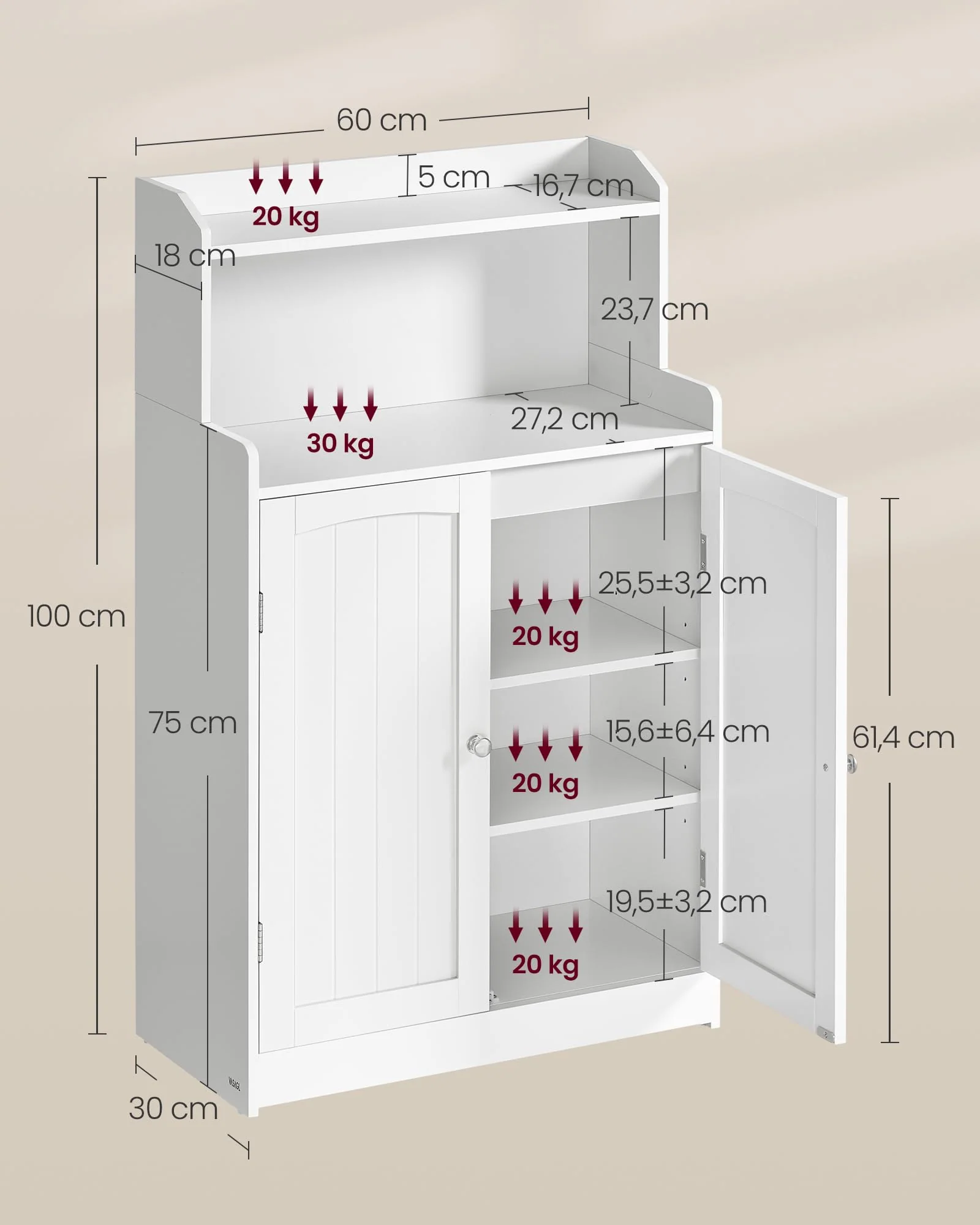 VASAGLE Badezimmerschrank, Badschrank mit 2 Türen, 2 verstellbare Eingeböden, 30 x 60 x 100 cm, Schrank für Esszimmer, Küche, Wohnzimmer, wolkenweiß BBC770W01 - Image 3