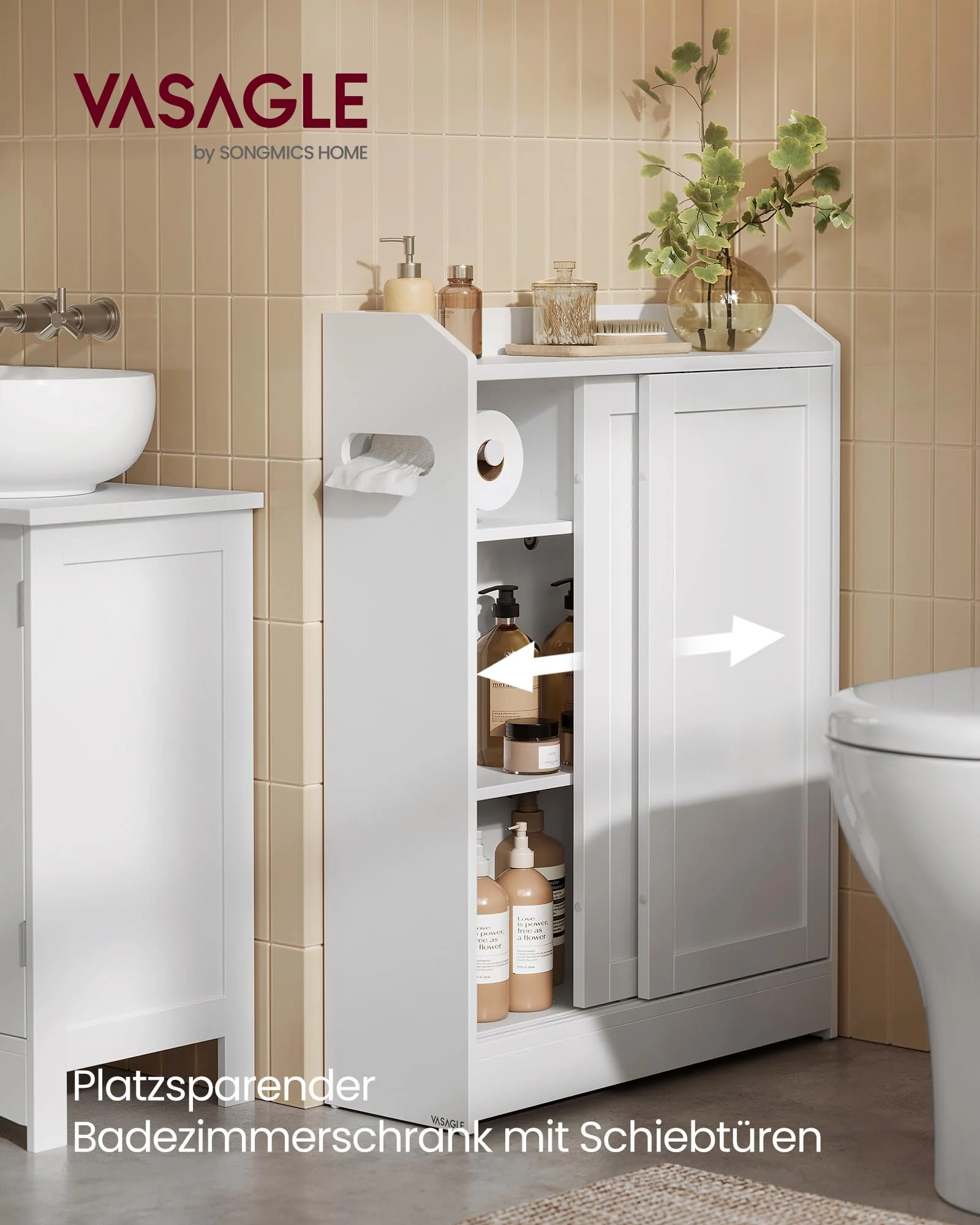 VASAGLE Badezimmerschrank, Badschrank platzsparend, Toilettenrollenhalter, Toilettenbürstenhalter, Schiebetüren, verstellbare Einlegeböden, neben der Toilette, 20 x 60 x 80 cm, wolkenweiß BBC752W01 - Image 7