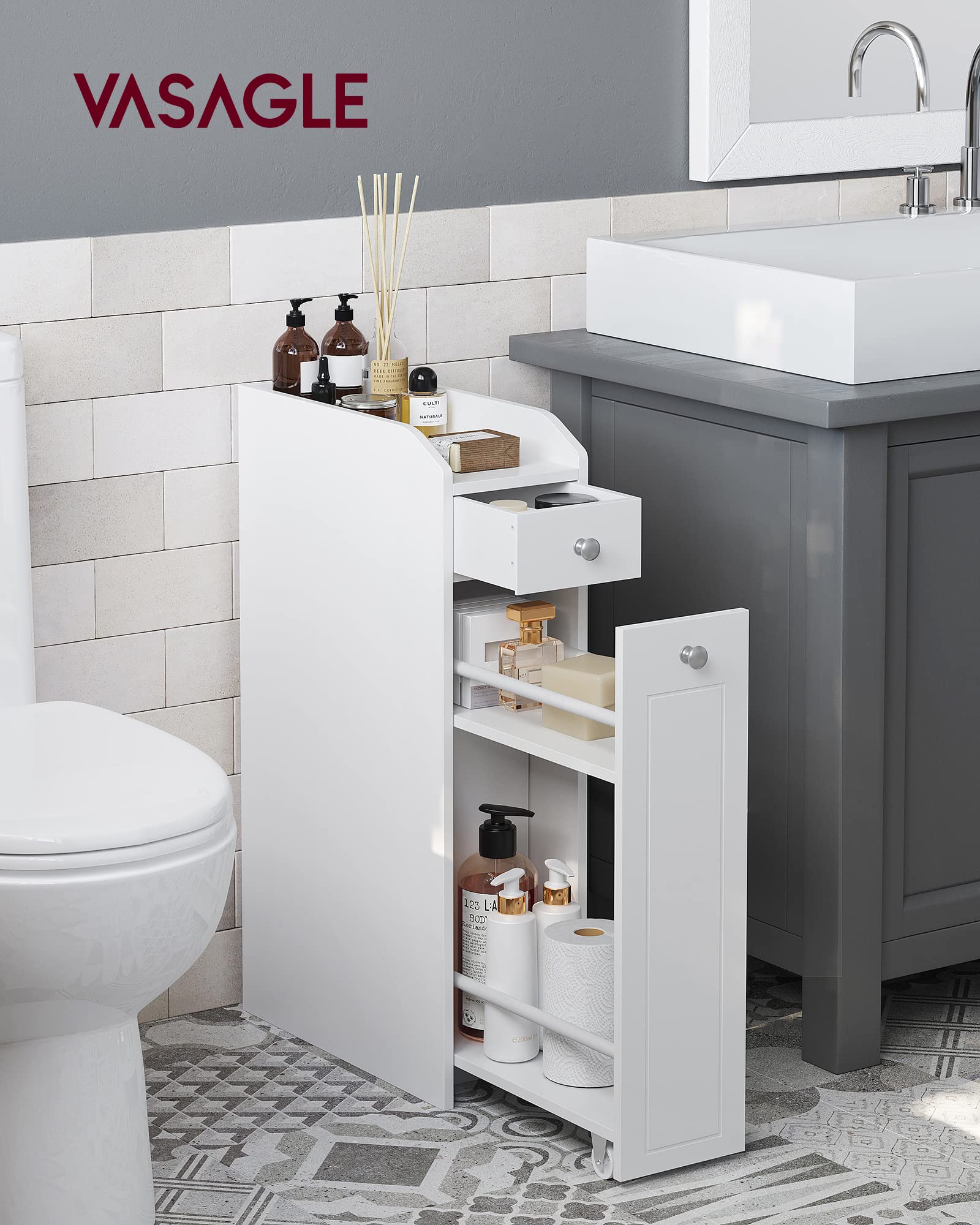 VASAGLE Badezimmerschrank klein, Badschrank schmal, Kleiner Schrank für Toilettenpapier, Toilettenschrank mit Schubladen, Aufbewahrungsschrank stehend, für kleine Räume, weiß BBC847P31 - Image 4