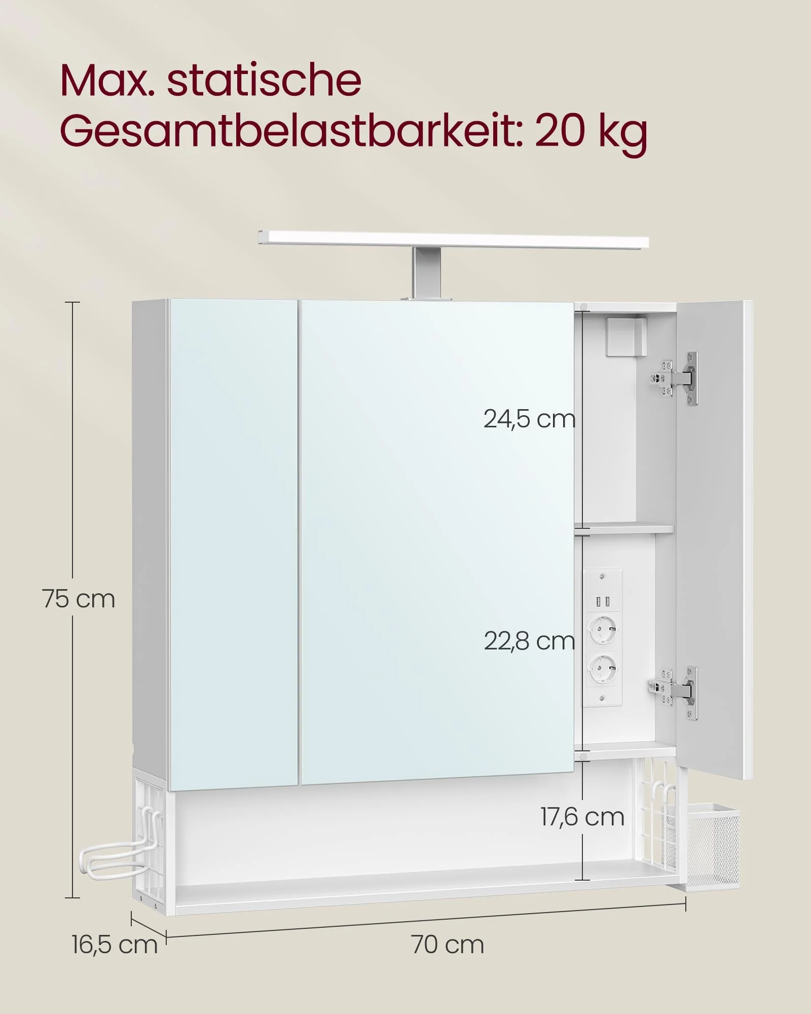 VASAGLE Badezimmerschrank mit 3 Türen, Spiegelschrank, Wandschrank, Steckdosen, Hängekorb, Haartrockner-Halter, viel Stauraum, für Badezimmer, 16,5 x 70 x 75 cm, wolkenweiß BBK126W01 - Image 2