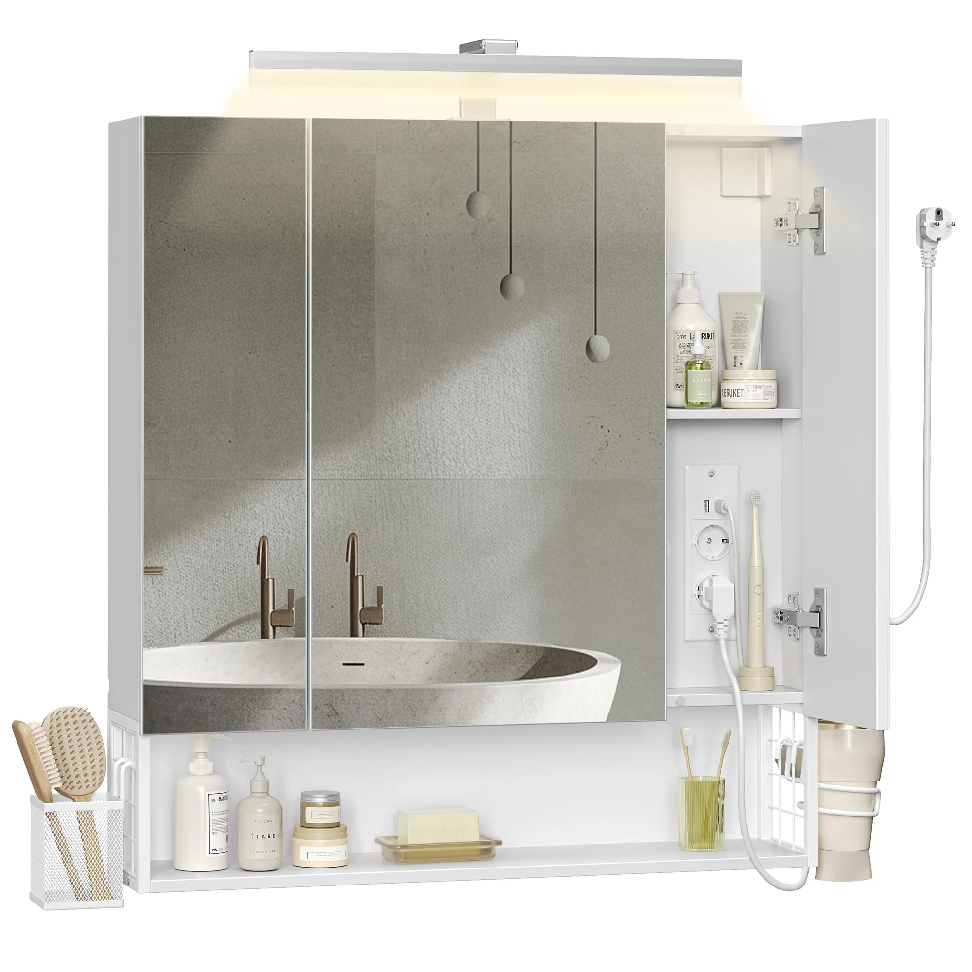 VASAGLE Badezimmerschrank mit 3 Türen, Spiegelschrank, Wandschrank, Steckdosen, Hängekorb, Haartrockner-Halter, viel Stauraum, für Badezimmer, 16,5 x 70 x 75 cm, wolkenweiß BBK126W01 - Image 3