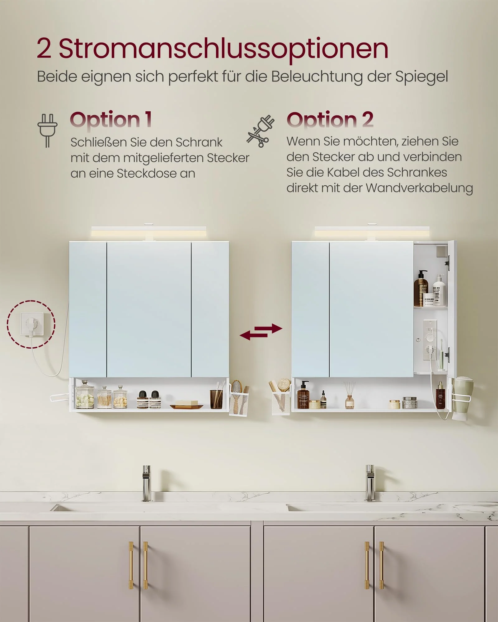 VASAGLE Badezimmerschrank mit 3 Türen, Spiegelschrank, Wandschrank, Steckdosen, Hängekorb, Haartrockner-Halter, viel Stauraum, für Badezimmer, 16,5 x 70 x 75 cm, wolkenweiß BBK126W01 - Image 4