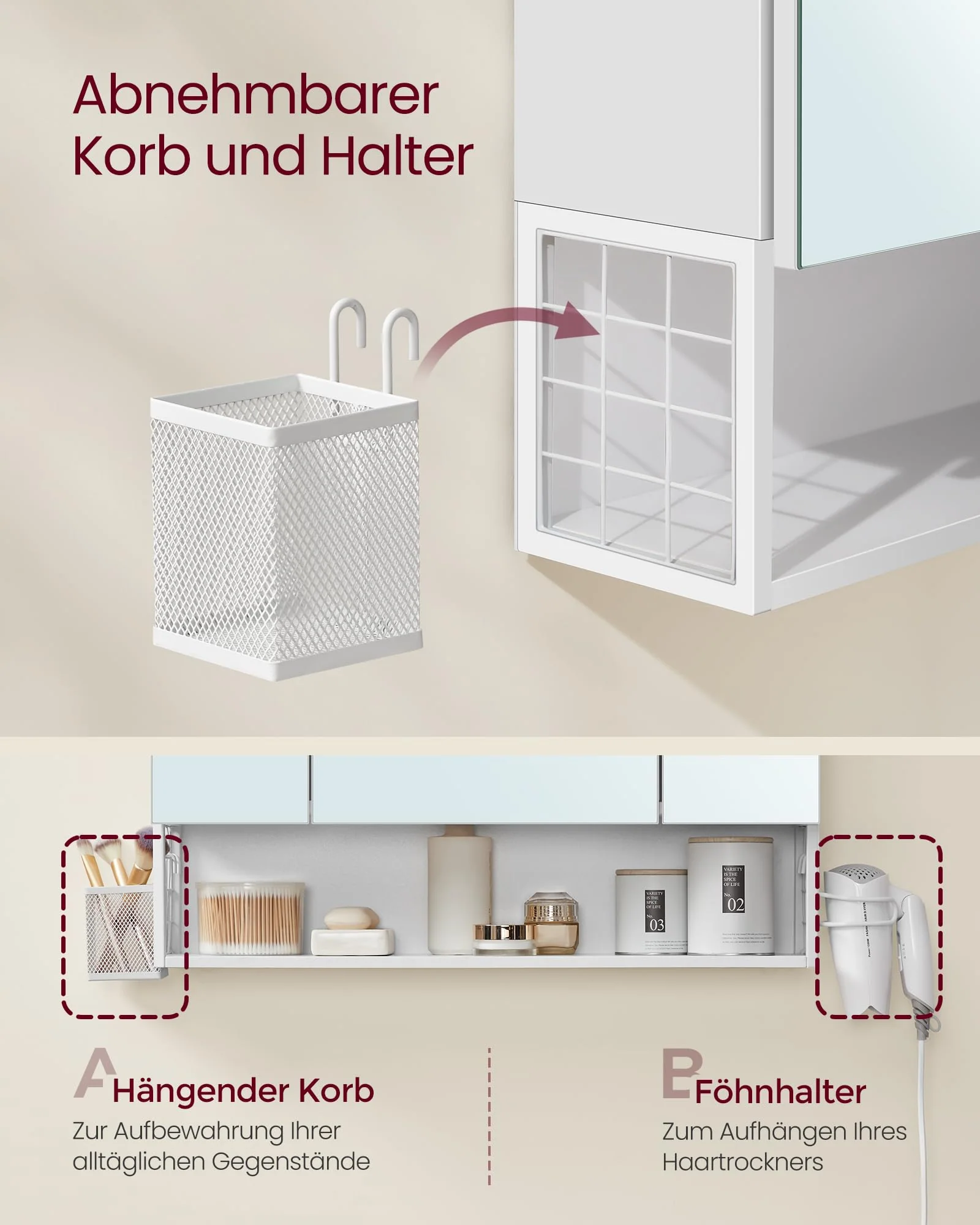 VASAGLE Badezimmerschrank mit 3 Türen, Spiegelschrank, Wandschrank, Steckdosen, Hängekorb, Haartrockner-Halter, viel Stauraum, für Badezimmer, 16,5 x 70 x 75 cm, wolkenweiß BBK126W01 - Image 7