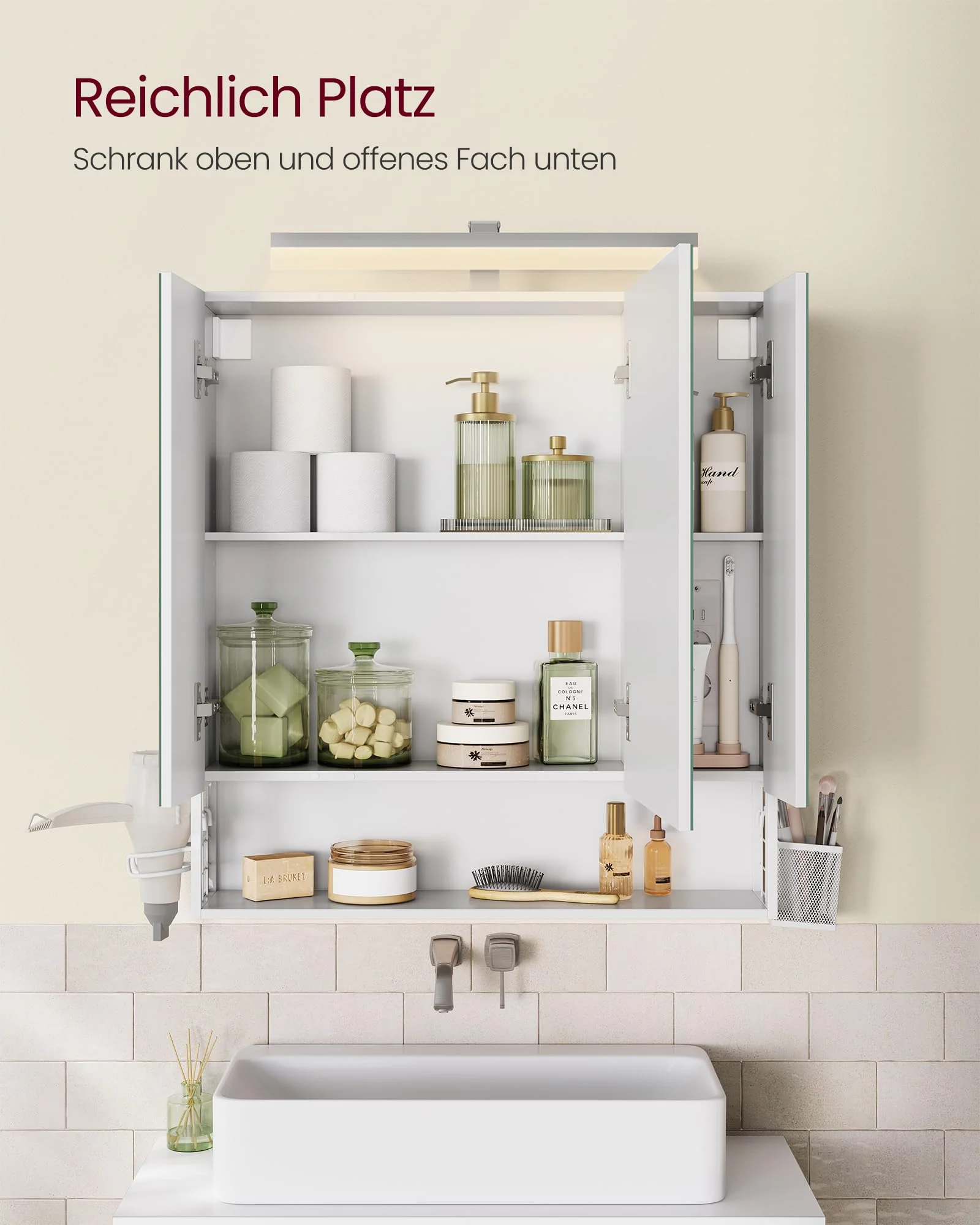 VASAGLE Badezimmerschrank mit 3 Türen, Spiegelschrank, Wandschrank, Steckdosen, Hängekorb, Haartrockner-Halter, viel Stauraum, für Badezimmer, 16,5 x 70 x 75 cm, wolkenweiß BBK126W01 - Image 8