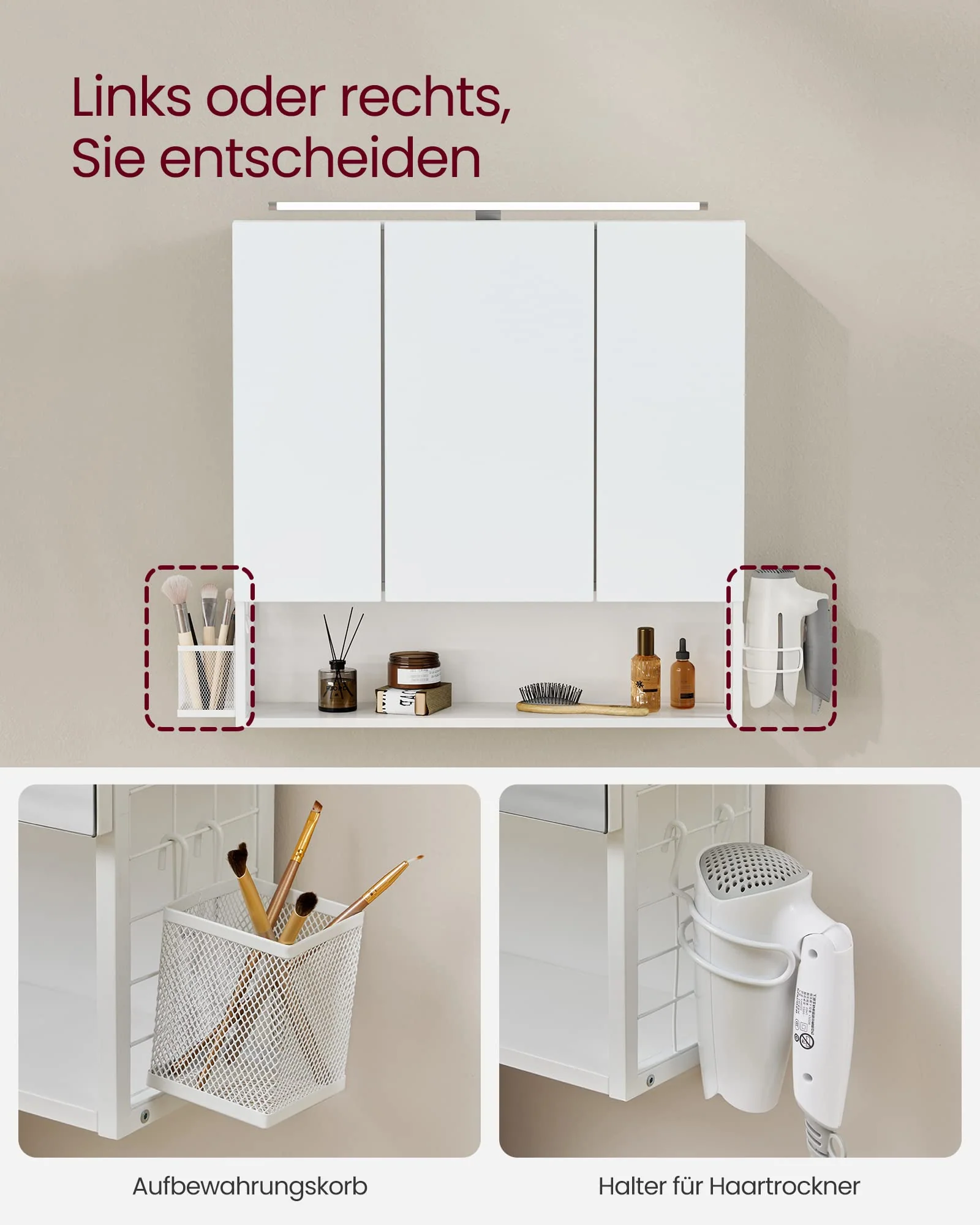 VASAGLE Badezimmerschrank mit 3 Türen, Spiegelschrank, Wandschrank, Steckdosen, Hängekorb, Haartrockner-Halter, viel Stauraum, für Badezimmer, Waschbecken, wolkenweiß BBK124W14 - Image 2