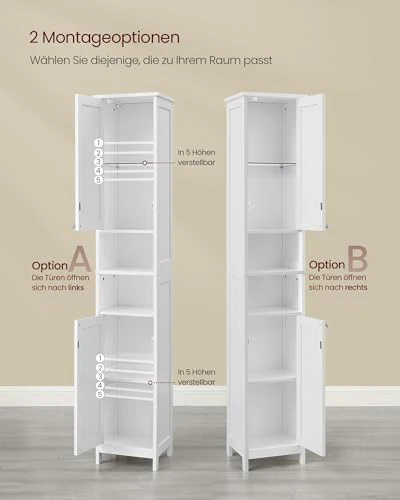 VASAGLE Badezimmerschrank mit Beleuchtung, hoch, schlanker Badschrank, Aufbewahrungsschrank mit verstellbaren Ablagen, offene Fächer, für kleine Räume, modern, wolkenweiß BBC566W03 - Image 2