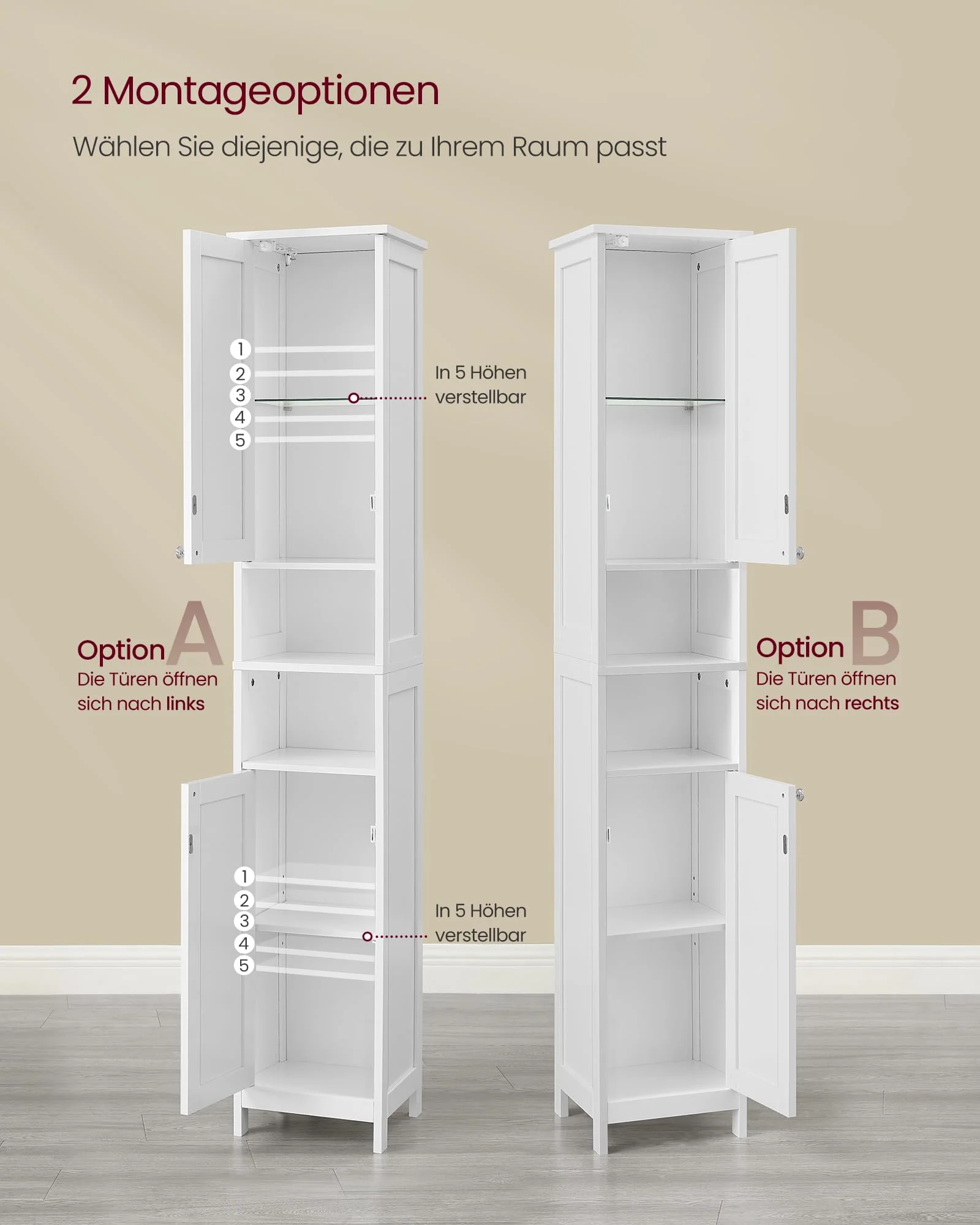 VASAGLE Badezimmerschrank mit Beleuchtung, hoch, schlanker Badschrank, Aufbewahrungsschrank mit verstellbaren Ablagen, offene Fächer, für kleine Räume, modern, wolkenweiß BBC566W03 - Image 6