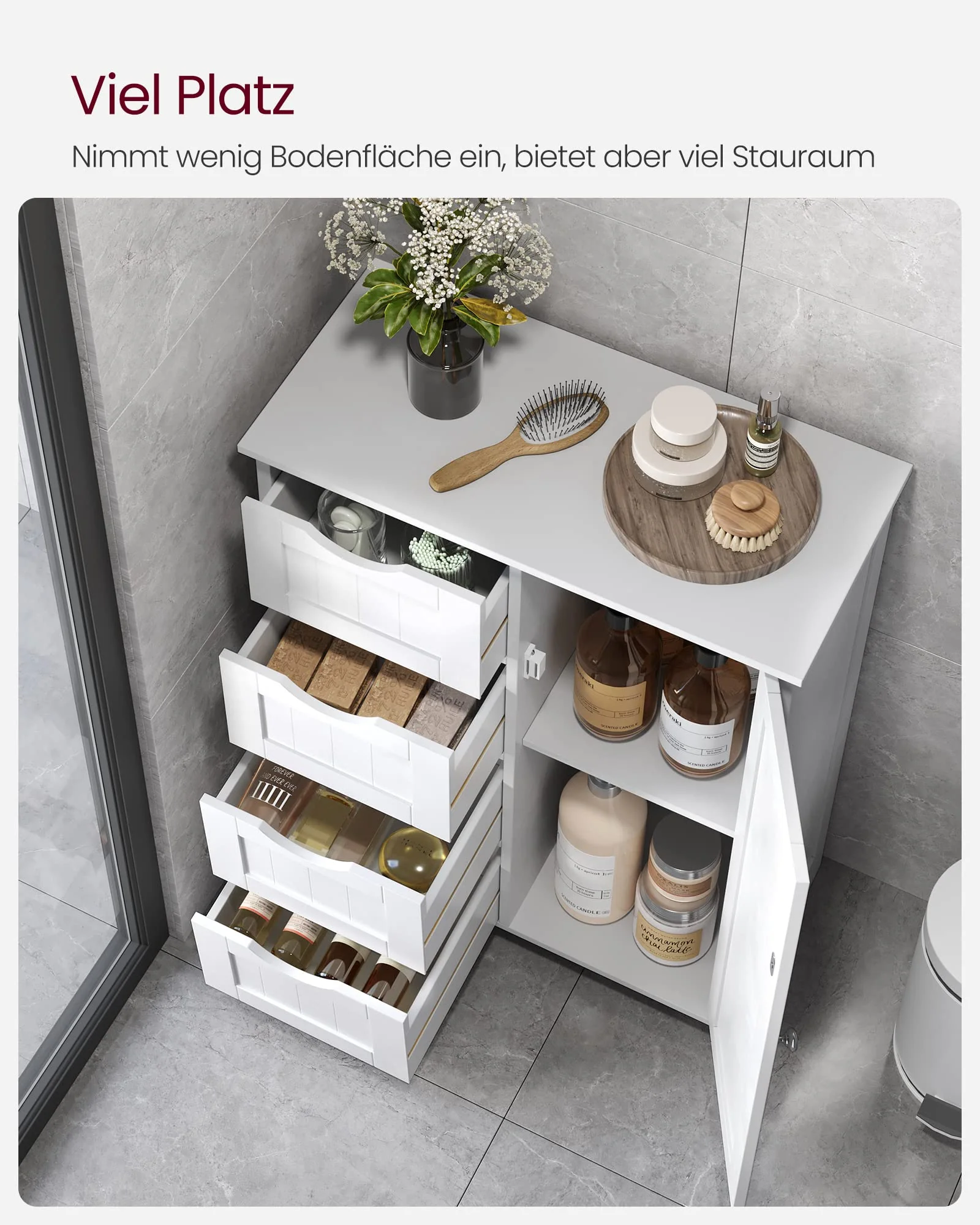VASAGLE Badezimmerschrank, schmaler Badschrank, Beistellschrank, Kommode, mit 4 Schubladen, Schranktür, verstellbare Ablage, 30 x 55 x 82 cm, weiß LHC41W - Image 4