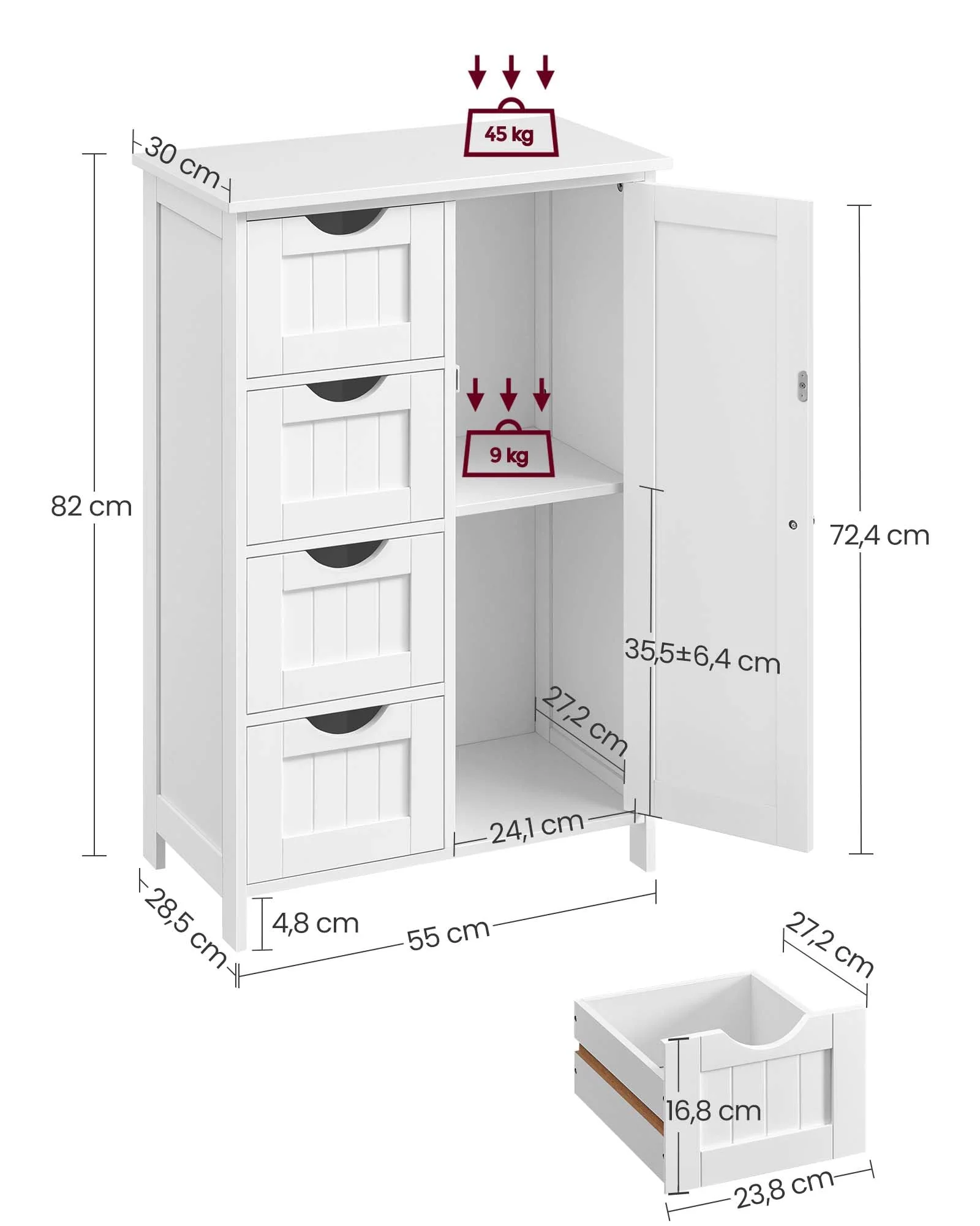 VASAGLE Badezimmerschrank, schmaler Badschrank, Beistellschrank, Kommode, mit 4 Schubladen, Schranktür, verstellbare Ablage, 30 x 55 x 82 cm, weiß LHC41W - Image 7