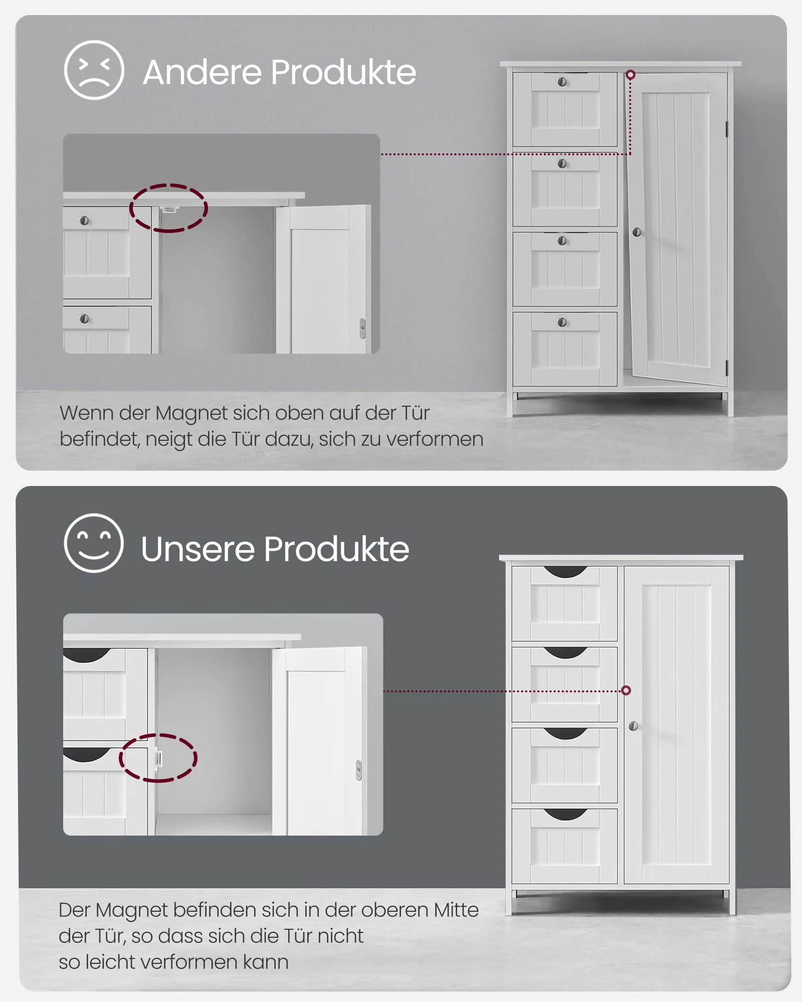 VASAGLE Badezimmerschrank, schmaler Badschrank, Beistellschrank, Kommode, mit 4 Schubladen, Schranktür, verstellbare Ablage, 30 x 55 x 82 cm, weiß LHC41W - Image 9