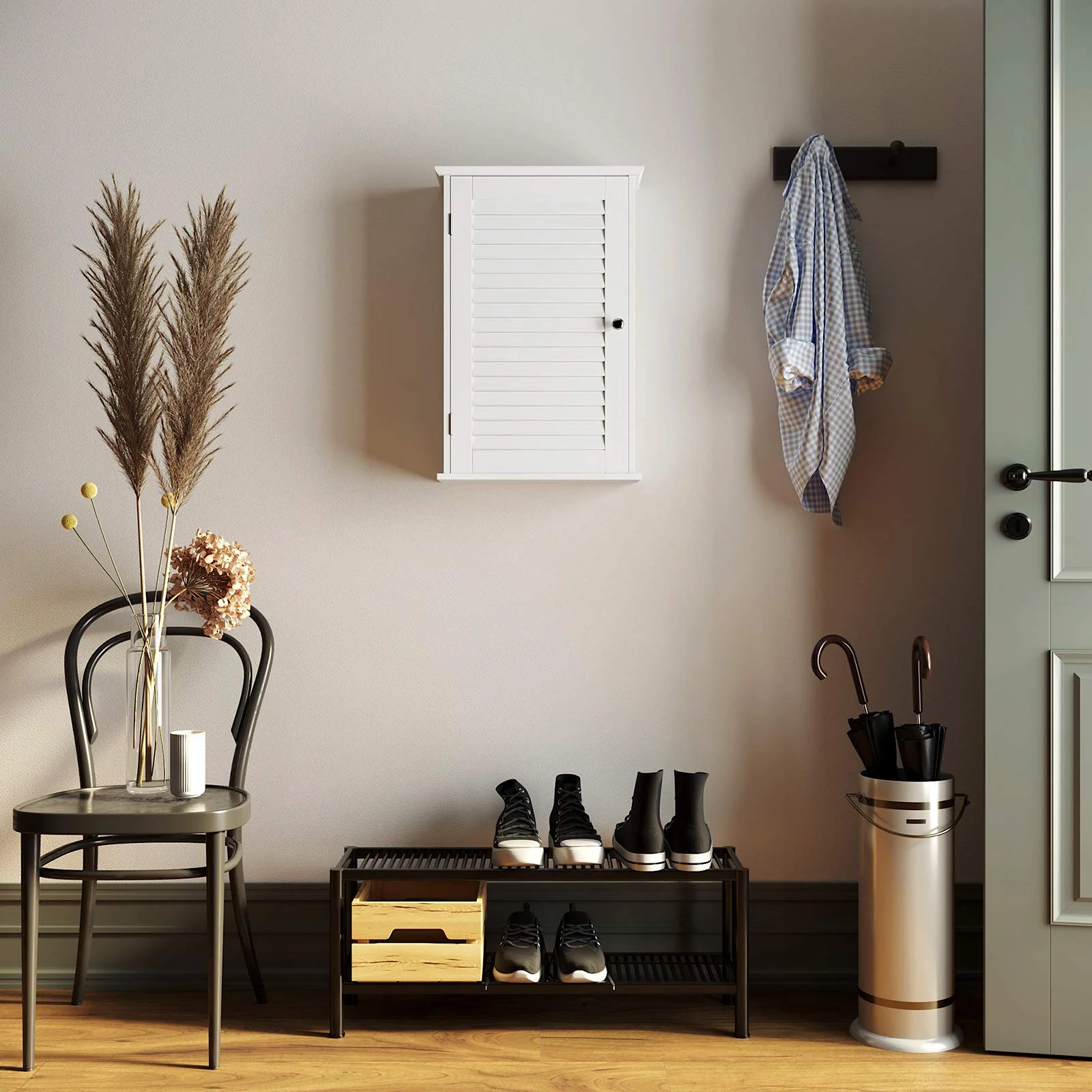 VASAGLE Wandschrank, Badezimmerschrank, Medizinschrank mit höhenverstellbarer Regalebene, Badschrank mit Tür, 40 x 16 x 60 cm, Holz, weiß BBC24WT - Image 3