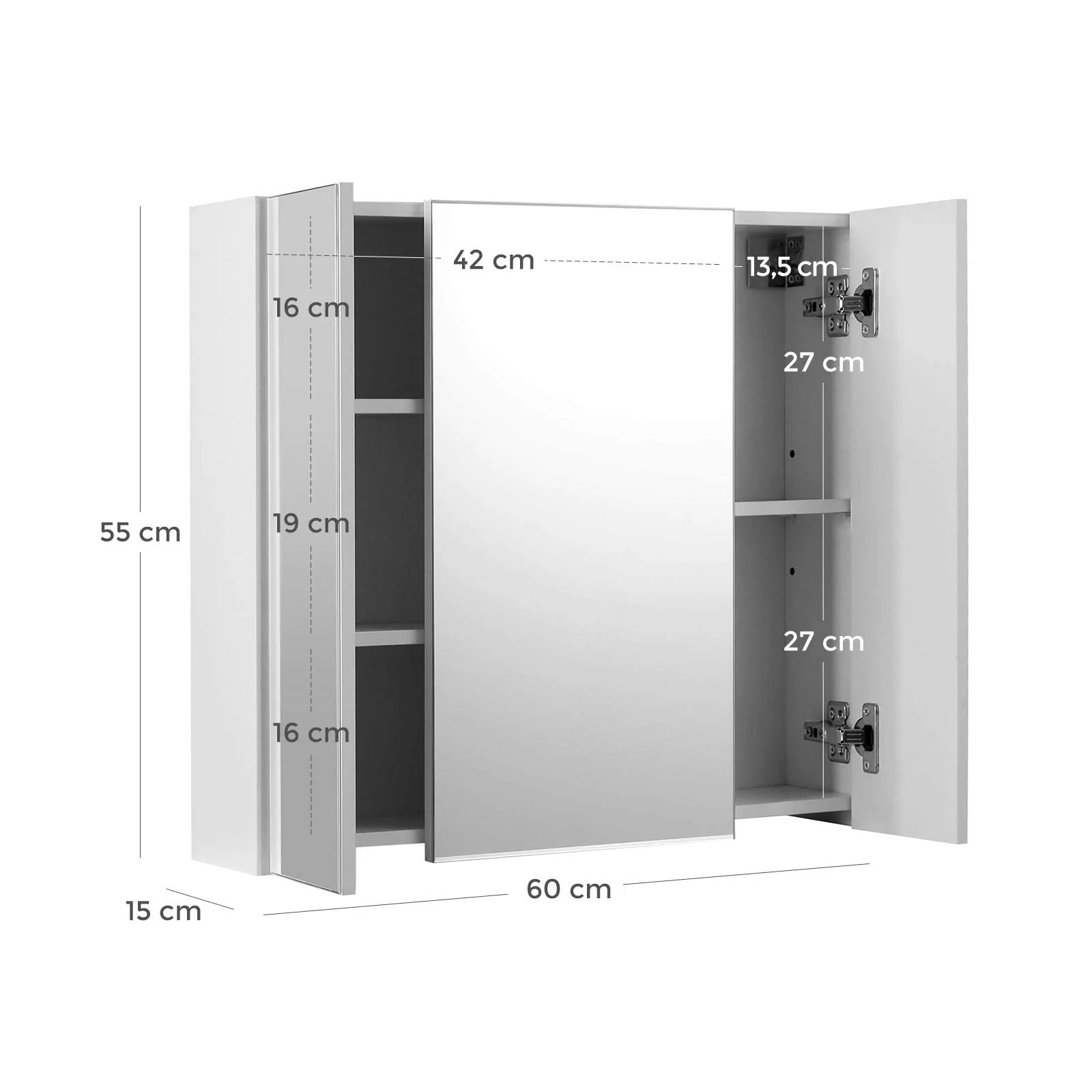 VASAGLE Wandschrank für Badezimmer, Schrank mit Spiegel, 3 Türen, 60 x 15 x 55 cm, mit verstellbarem Regal, modern, weiß, BBK22WT - Image 4