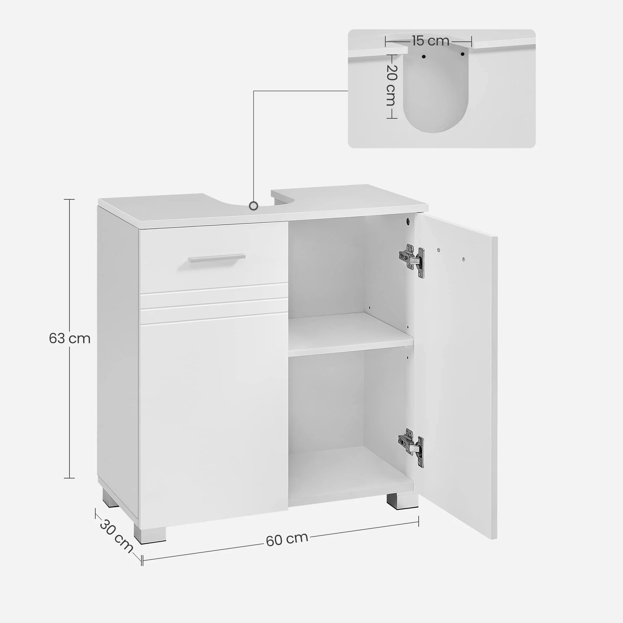 VASAGLE Waschbeckenunterschrank, Badezimmerschrank mit Hochglanz Oberfläche, Doppeltür Badschrank, verstellbare Ablage, sanft schließende Scharniere, fürs Badezimmer, 60 x 30 x 63 cm, weiß BBK112W01 - Image 7
