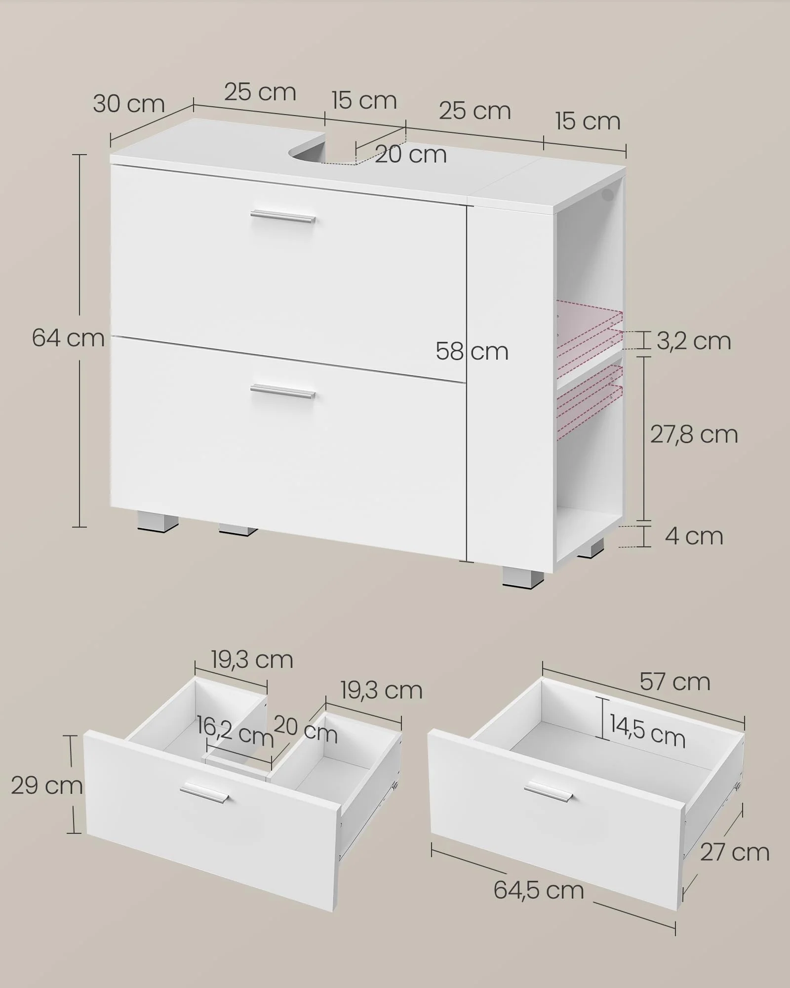 VASAGLE Waschbeckenunterschrank, offene Fächer an Einer Seite, rechts oder Links austauschbar, Badschrank, große Öffnung für Siphons, 30 x 80 x 64 cm, wolkenweiß BBK502W01 - Image 6