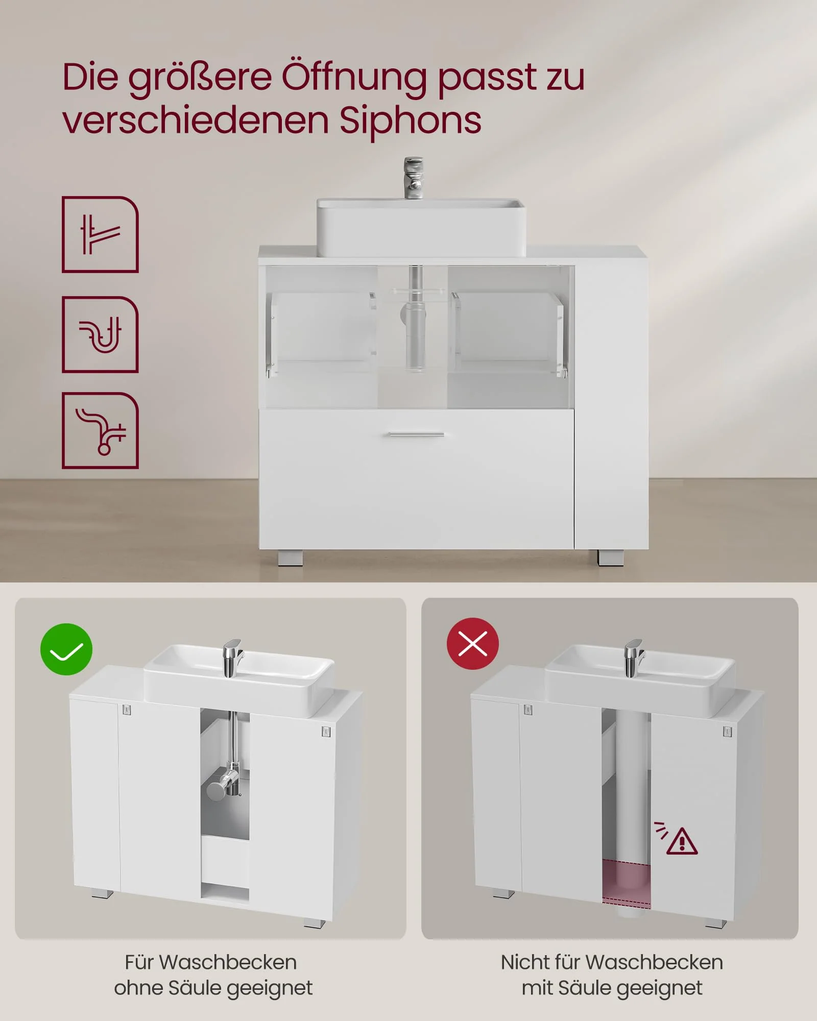 VASAGLE Waschbeckenunterschrank, offene Fächer an Einer Seite, rechts oder Links austauschbar, Badschrank, große Öffnung für Siphons, 30 x 80 x 64 cm, wolkenweiß BBK502W01 - Image 7