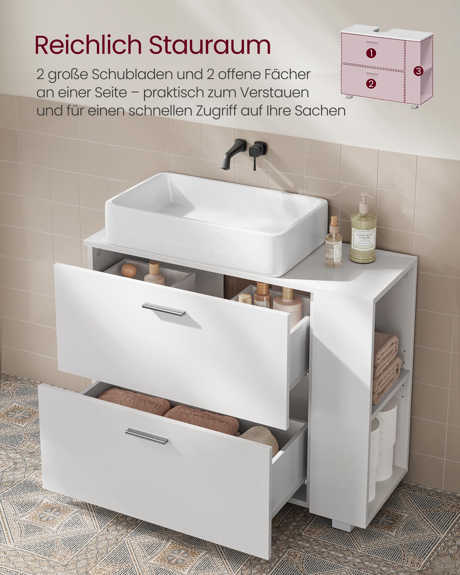 VASAGLE Waschbeckenunterschrank, offene Fächer an Einer Seite, rechts oder Links austauschbar, Badschrank, große Öffnung für Siphons, 30 x 80 x 64 cm, wolkenweiß BBK502W01 - Image 8