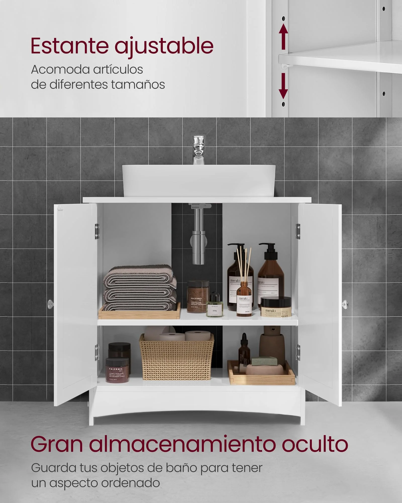 VASAGLE Waschbeckenunterschrank, Unterschrank, Waschtischunterschrank, Badezimmerschrank mit 2 Türen, verstellbare Ablage, viel Stauraum, freistehend, Landhausstil, 60 x 30 x 60 cm, Weiß BBC01WT - Image 6