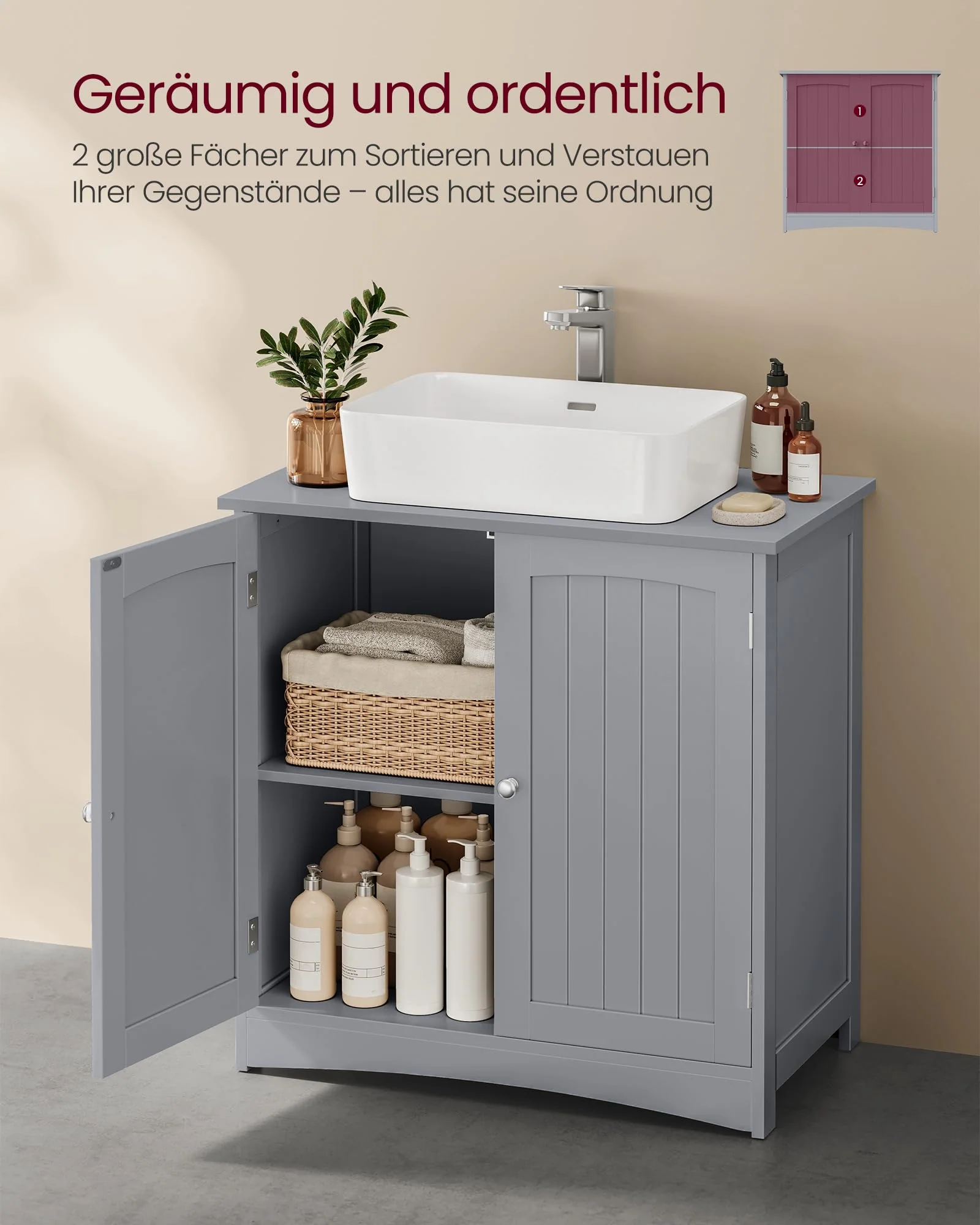 VASAGLE Waschbeckenunterschrank, Unterschrank, Waschtischunterschrank, Badezimmerschrank mit 2 Türen, verstellbare Ablage, viel Stauraum, modern, 40 x 70 x 70 cm, Taubengrau BBC011G01 - Image 6