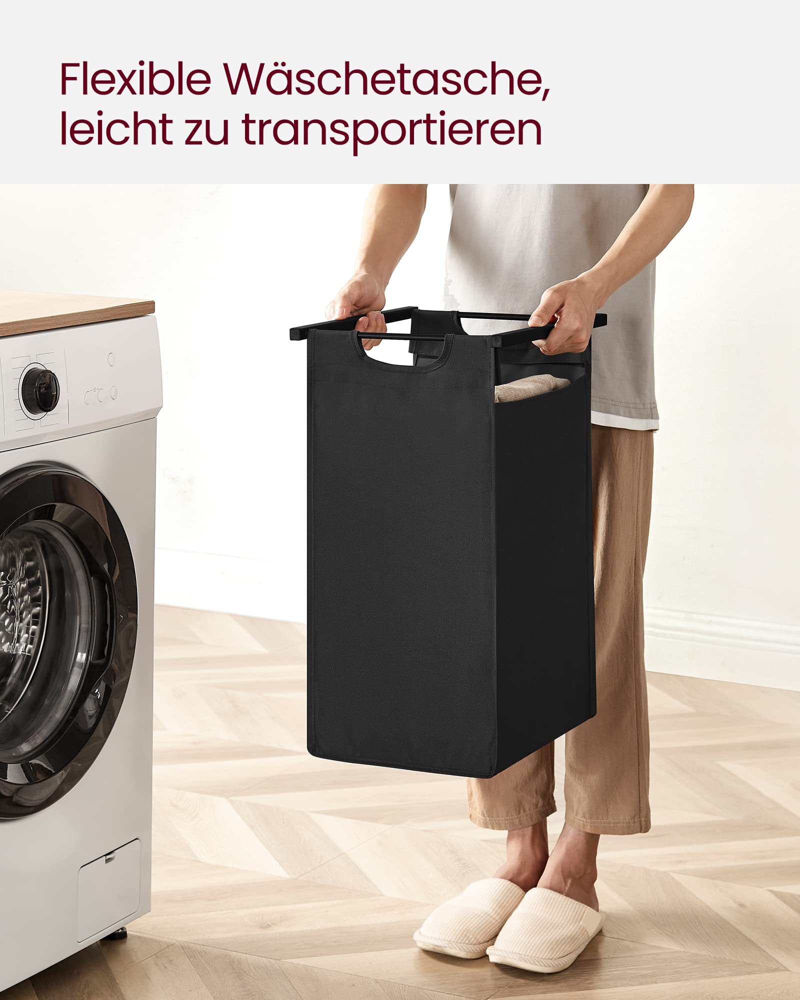 VASAGLE Wäschekorb 2 Fächer, Wäschesammler mit Ablage, Wäschebox, Wäschesack aus Oxford-Gewebe ausziehbar abnehmbar, Metallrahmen, 2 x 46 L, 73 x 33 x 72 cm, vintagebraun-schwarz BLH201B01 - Image 2