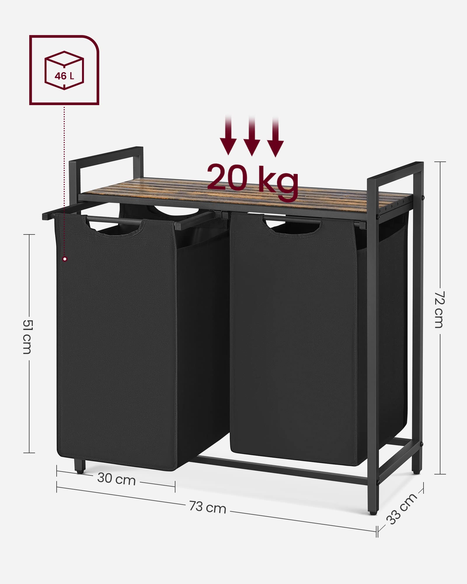 VASAGLE Wäschekorb 2 Fächer, Wäschesammler mit Ablage, Wäschebox, Wäschesack aus Oxford-Gewebe ausziehbar abnehmbar, Metallrahmen, 2 x 46 L, 73 x 33 x 72 cm, vintagebraun-schwarz BLH201B01 - Image 3