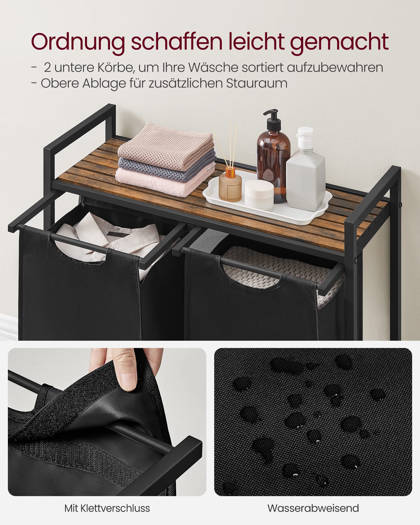 VASAGLE Wäschekorb 2 Fächer, Wäschesammler mit Ablage, Wäschebox, Wäschesack aus Oxford-Gewebe ausziehbar abnehmbar, Metallrahmen, 2 x 46 L, 73 x 33 x 72 cm, vintagebraun-schwarz BLH201B01 - Image 4