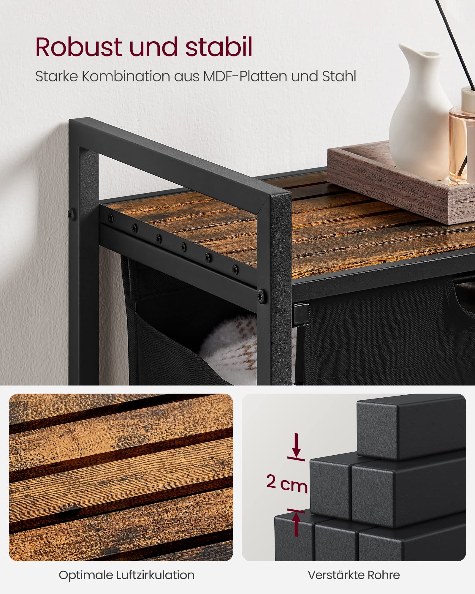 VASAGLE Wäschekorb 2 Fächer, Wäschesammler mit Ablage, Wäschebox, Wäschesack aus Oxford-Gewebe ausziehbar abnehmbar, Metallrahmen, 2 x 46 L, 73 x 33 x 72 cm, vintagebraun-schwarz BLH201B01 - Image 5