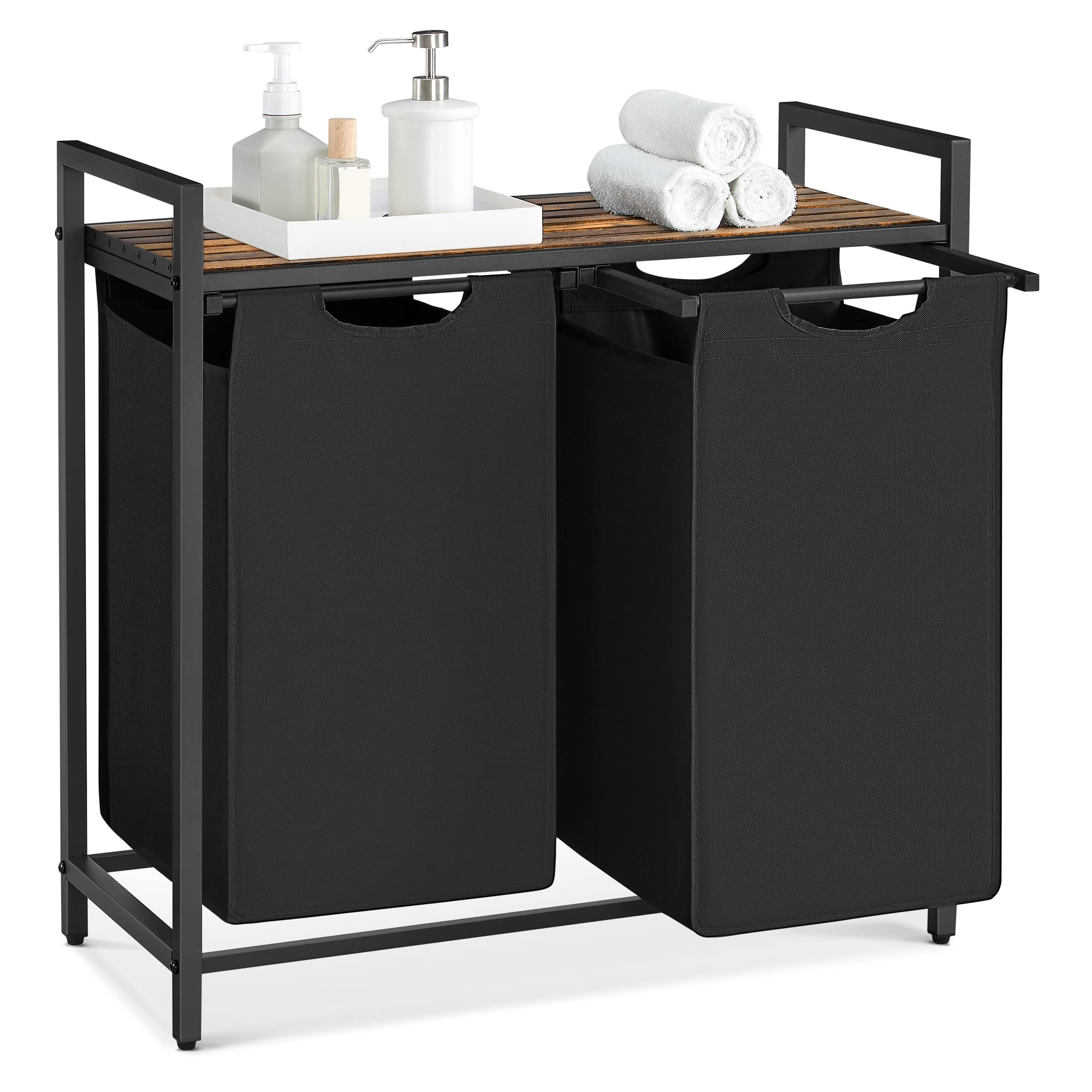 VASAGLE Wäschekorb 2 Fächer, Wäschesammler mit Ablage, Wäschebox, Wäschesack aus Oxford-Gewebe ausziehbar abnehmbar, Metallrahmen, 2 x 46 L, 73 x 33 x 72 cm, vintagebraun-schwarz BLH201B01 - Image 6