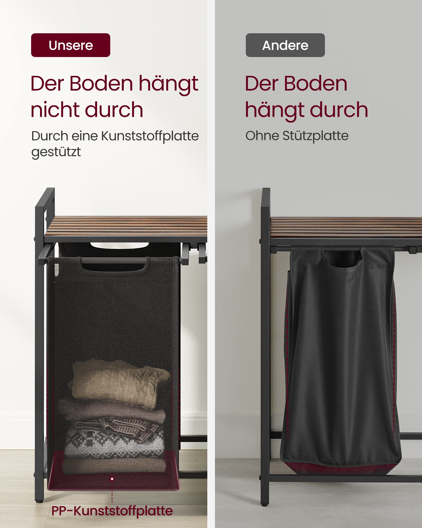 VASAGLE Wäschekorb 2 Fächer, Wäschesammler mit Ablage, Wäschebox, Wäschesack aus Oxford-Gewebe ausziehbar abnehmbar, Metallrahmen, 2 x 46 L, 73 x 33 x 72 cm, vintagebraun-schwarz BLH201B01 - Image 7