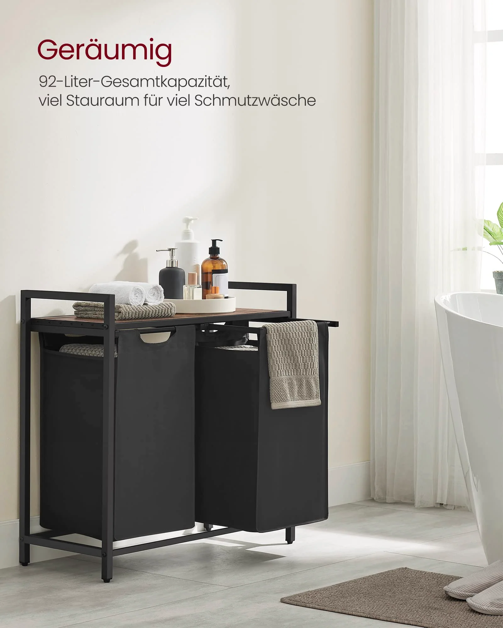 VASAGLE Wäschekorb 2 Fächer, Wäschesammler mit Ablage, Wäschebox, Wäschesack aus Oxford-Gewebe ausziehbar abnehmbar, Metallrahmen, 2 x 46 L, 73 x 33 x 72 cm, vintagebraun-schwarz BLH201B01 - Image 9