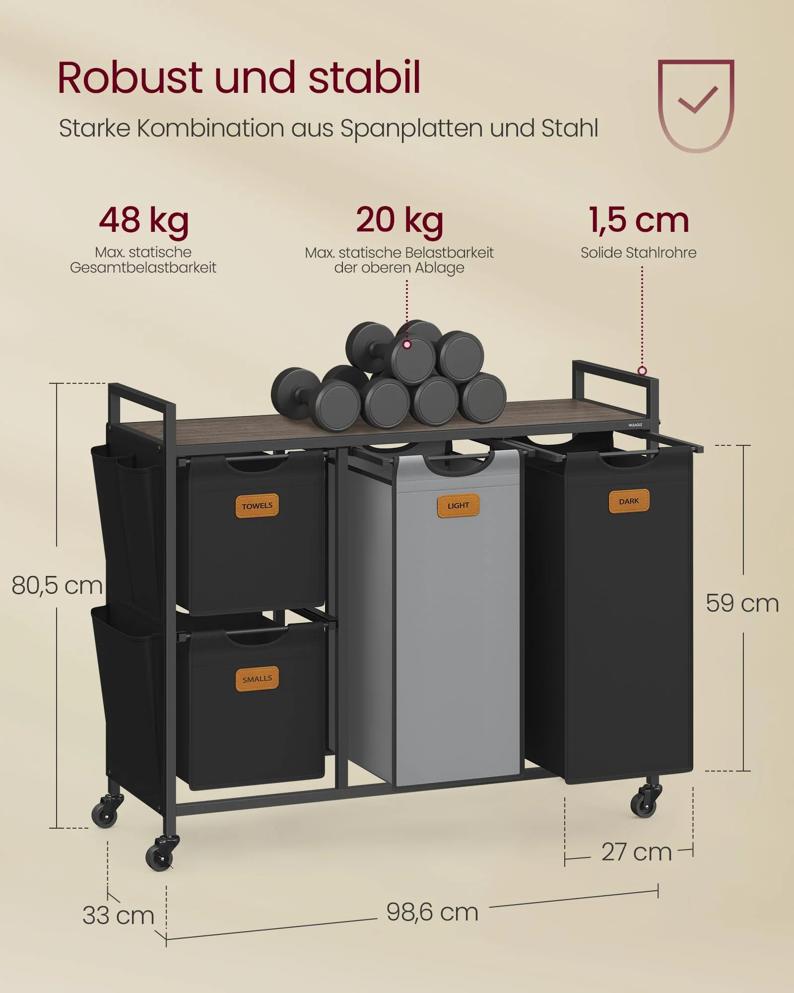 VASAGLE Wäschekorb 4 Fächer, Wäschesammler 150 L, Wäschesortierer, Rollen, Wäschewagen mit Ablage, Wäschesack, kleine seitliche Taschen, 6 Etiketten, kastanienbraun-tintenschwarz-taubengrau BLH203B01 - Image 3