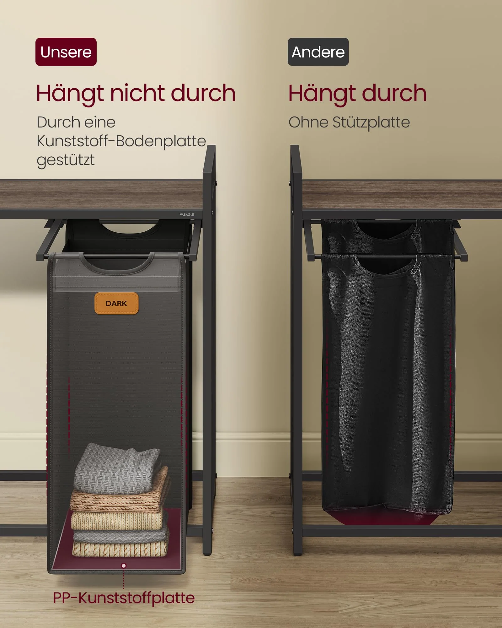 VASAGLE Wäschekorb 4 Fächer, Wäschesammler 150 L, Wäschesortierer, Rollen, Wäschewagen mit Ablage, Wäschesack, kleine seitliche Taschen, 6 Etiketten, kastanienbraun-tintenschwarz-taubengrau BLH203B01 - Image 4