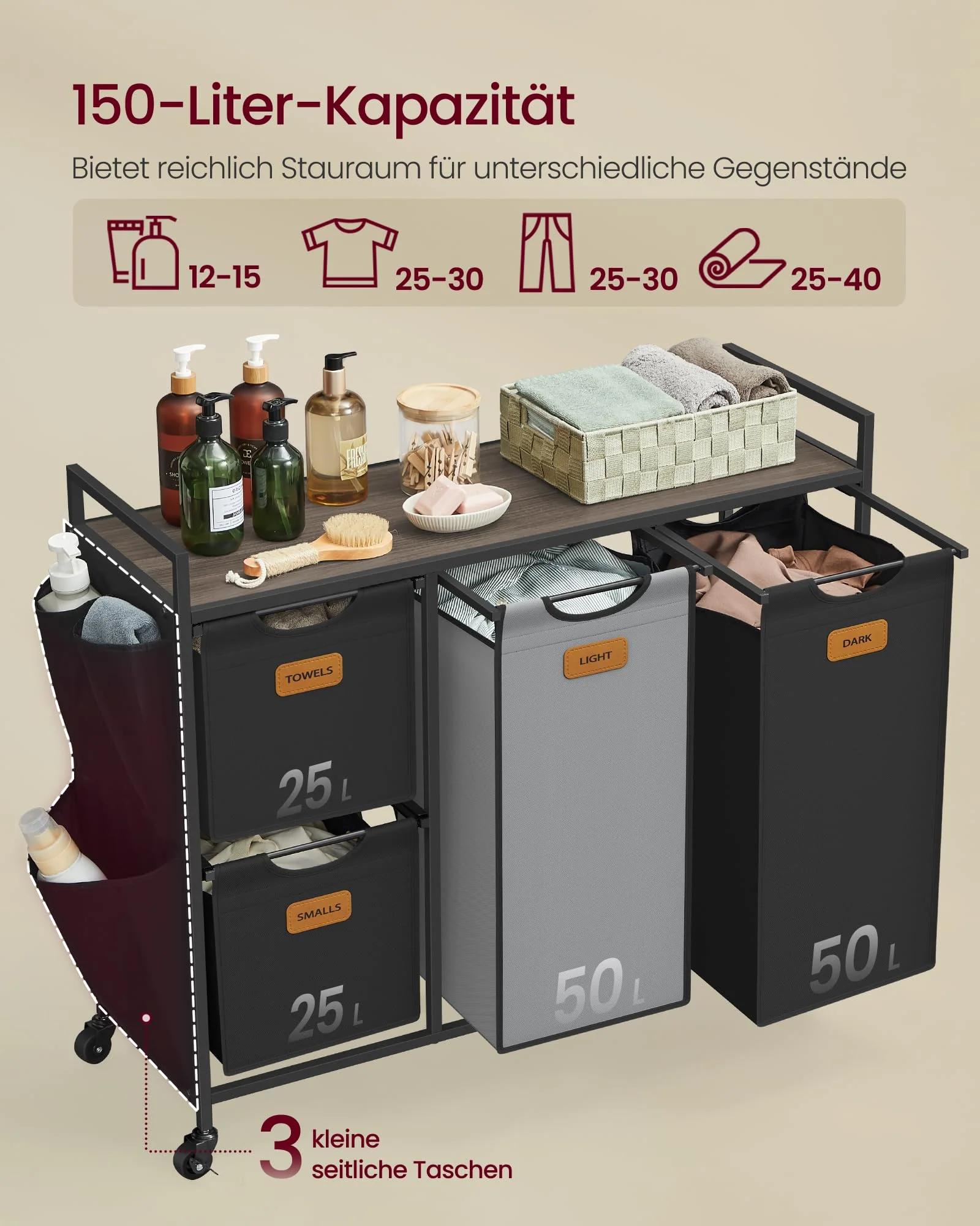 VASAGLE Wäschekorb 4 Fächer, Wäschesammler 150 L, Wäschesortierer, Rollen, Wäschewagen mit Ablage, Wäschesack, kleine seitliche Taschen, 6 Etiketten, kastanienbraun-tintenschwarz-taubengrau BLH203B01 - Image 5