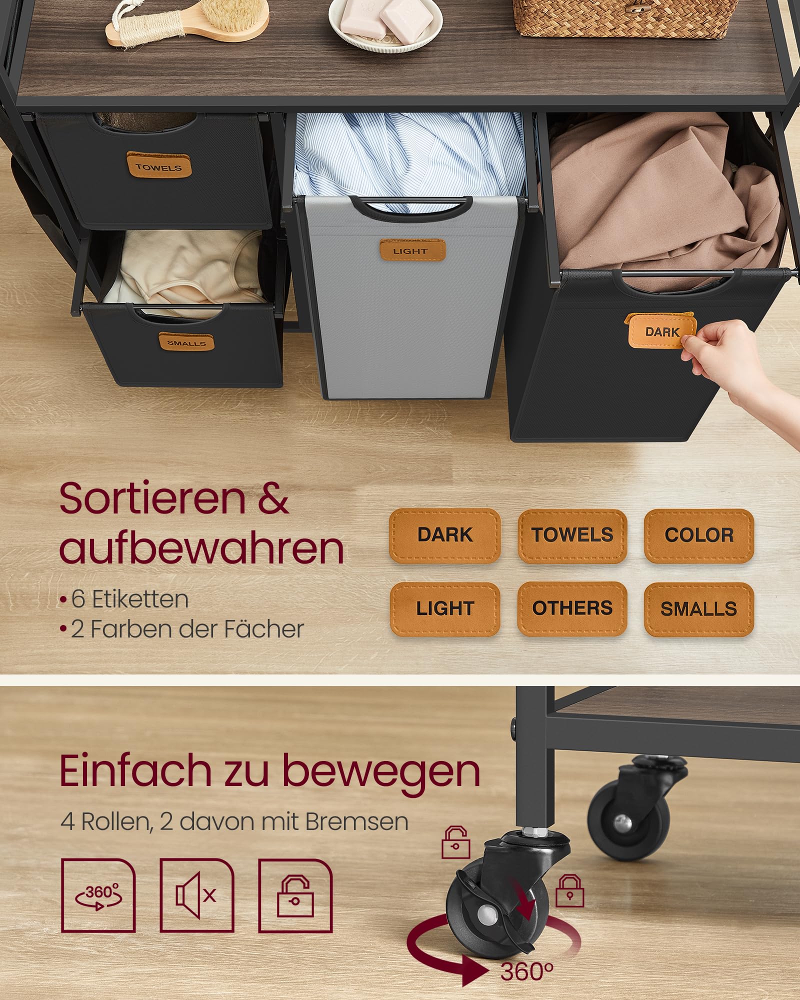 VASAGLE Wäschekorb 4 Fächer, Wäschesammler 150 L, Wäschesortierer, Rollen, Wäschewagen mit Ablage, Wäschesack, kleine seitliche Taschen, 6 Etiketten, kastanienbraun-tintenschwarz-taubengrau BLH203B01 - Image 6