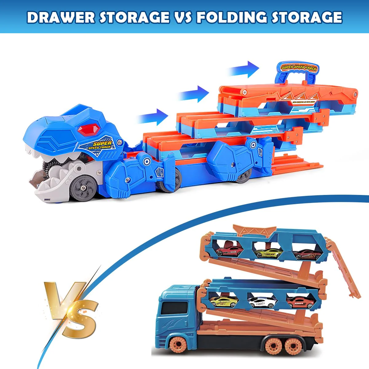 VATOS Dinosaurier Transport Truck Auto Spielzeug - 2 in 1 Auswurf Folding Portable Track Auto mit 8 Race Cars, Träger Fahrzeuge Spielzeug-Set für Kinder Jungen 3-5 Jahre alt - Image 3
