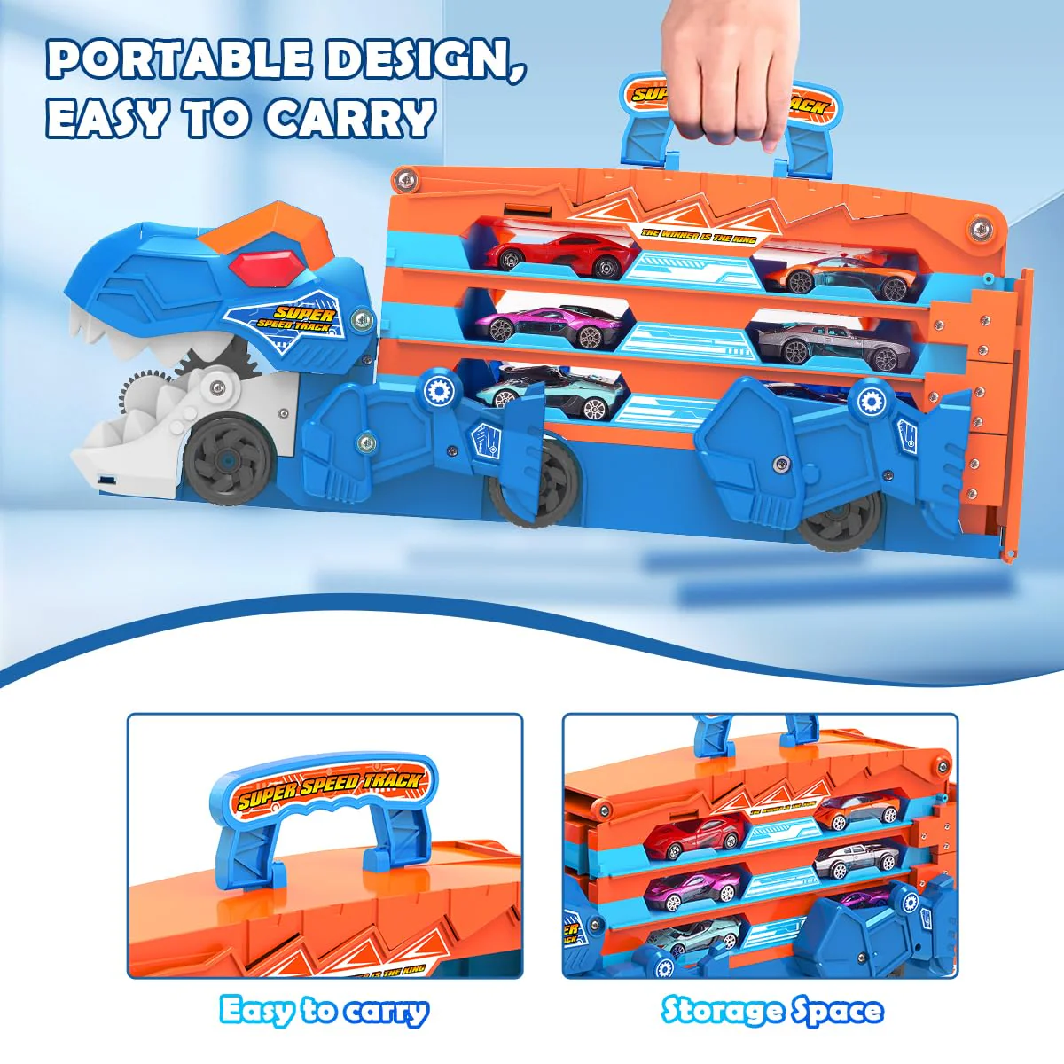 VATOS Dinosaurier Transport Truck Auto Spielzeug - 2 in 1 Auswurf Folding Portable Track Auto mit 8 Race Cars, Träger Fahrzeuge Spielzeug-Set für Kinder Jungen 3-5 Jahre alt - Image 4