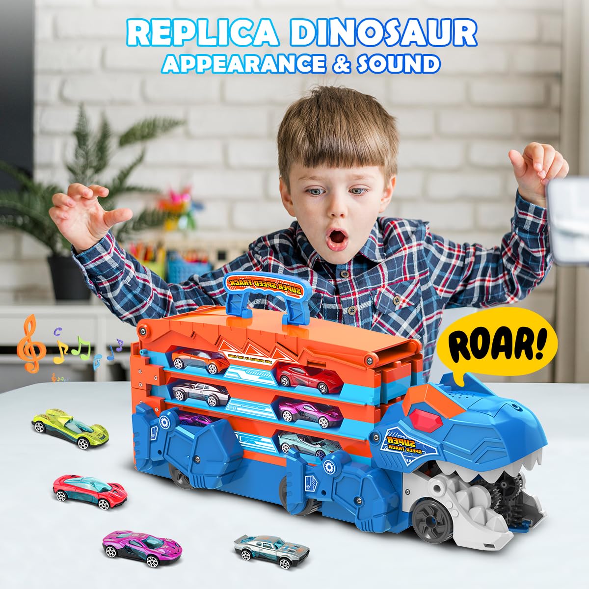 VATOS Dinosaurier Transport Truck Auto Spielzeug - 2 in 1 Auswurf Folding Portable Track Auto mit 8 Race Cars, Träger Fahrzeuge Spielzeug-Set für Kinder Jungen 3-5 Jahre alt - Image 7