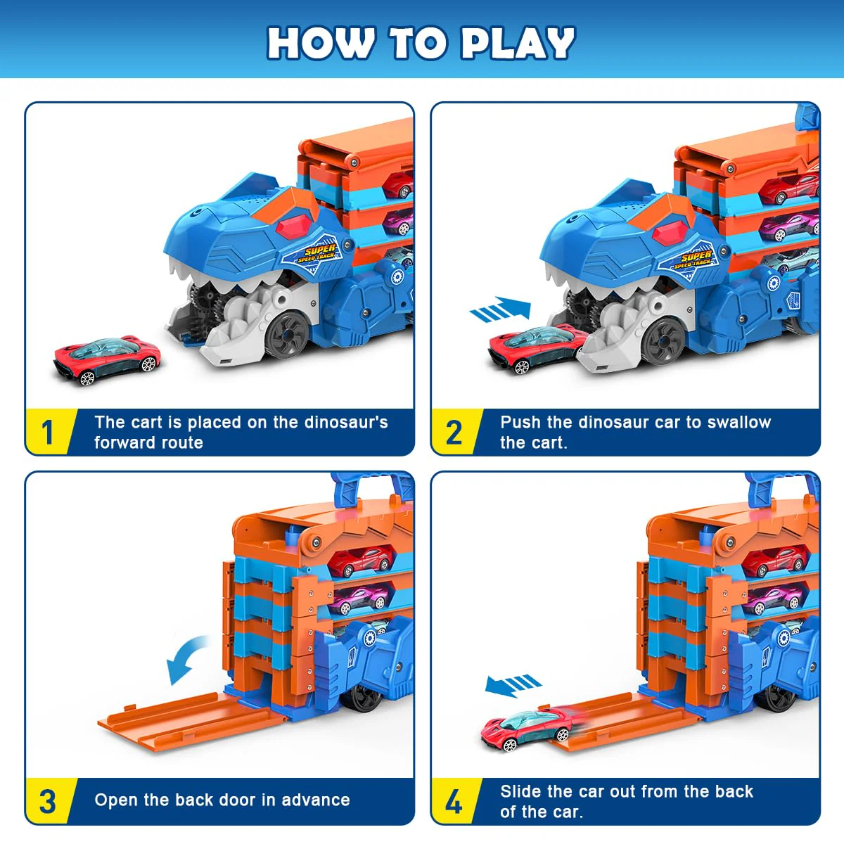VATOS Dinosaurier Transport Truck Auto Spielzeug - 2 in 1 Auswurf Folding Portable Track Auto mit 8 Race Cars, Träger Fahrzeuge Spielzeug-Set für Kinder Jungen 3-5 Jahre alt - Image 8