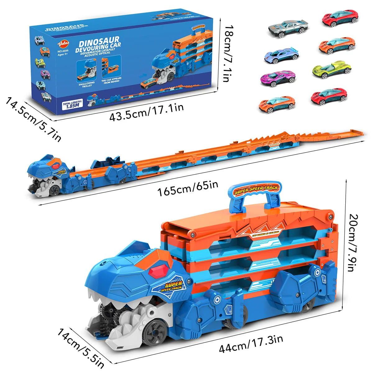 VATOS Dinosaurier Transport Truck Auto Spielzeug - 2 in 1 Auswurf Folding Portable Track Auto mit 8 Race Cars, Träger Fahrzeuge Spielzeug-Set für Kinder Jungen 3-5 Jahre alt - Image 9