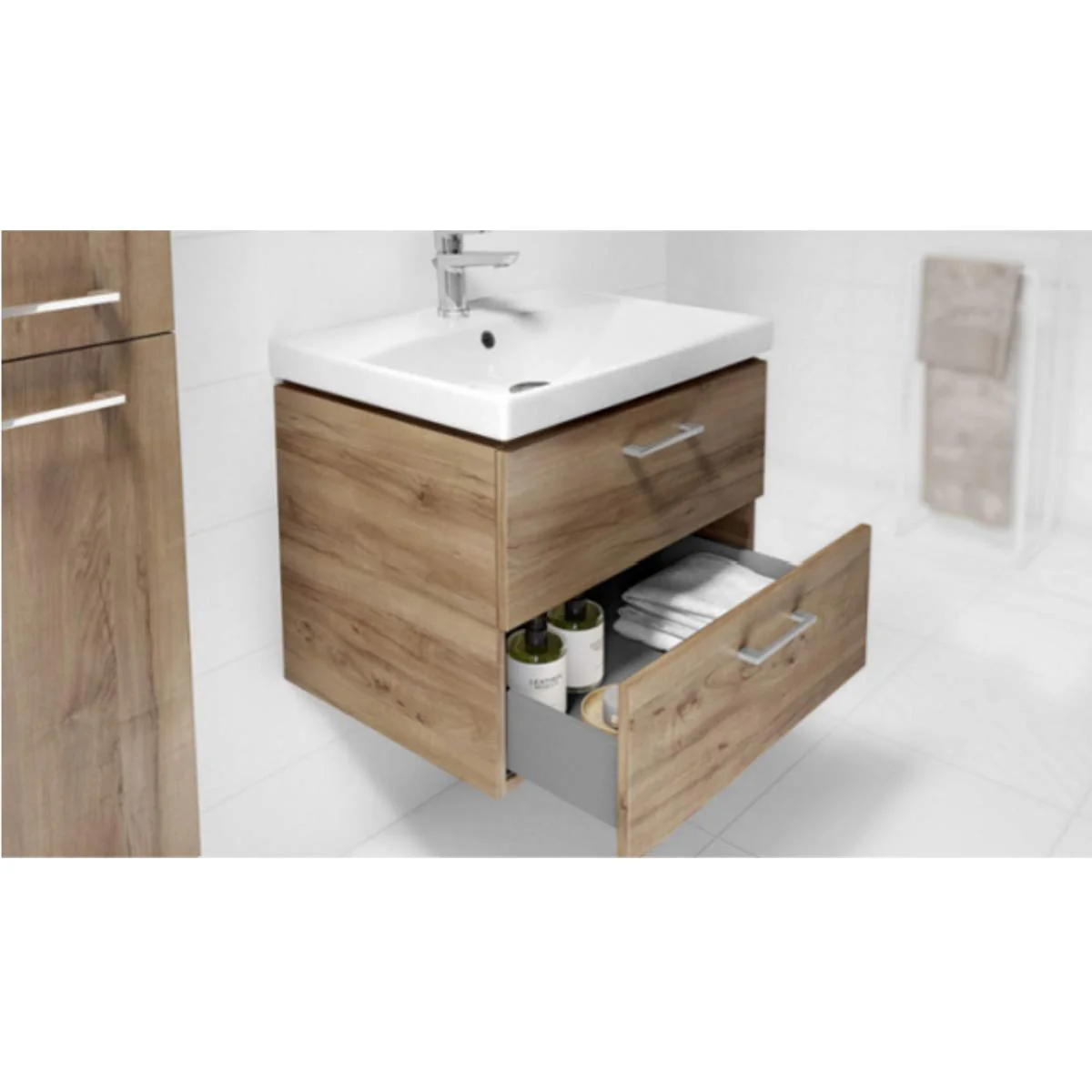 VBChome Waschtischunterschrank 60 cm Waschbecken mit Unterschrank 2 Schubladen Nussbaum Badmöbel weiß Hochglanz Badezimmermöbel hängend - Image 3