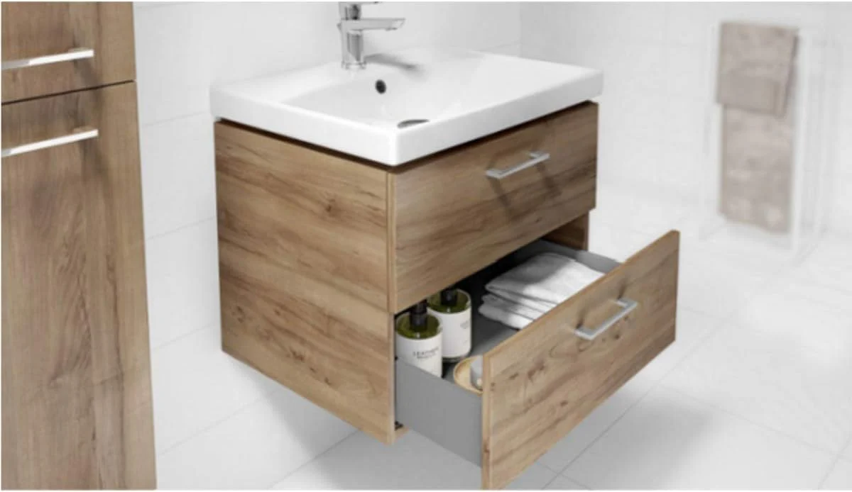 VBChome Waschtischunterschrank 60 cm Waschbecken mit Unterschrank 2 Schubladen Nussbaum Badmöbel weiß Hochglanz Badezimmermöbel hängend - Image 9