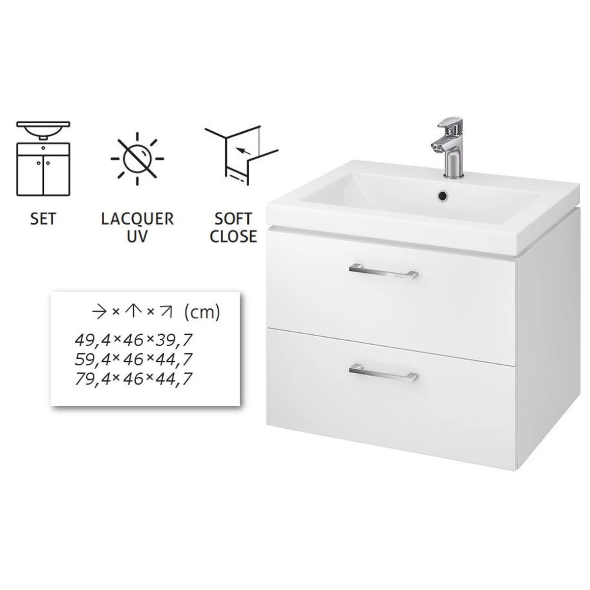 VBChome Waschtischunterschrank 60 cm Waschbecken mit Unterschrank 2 Schubladen Weiß Badmöbel weiß Hochglanz Badezimmermöbel hängend - Image 15