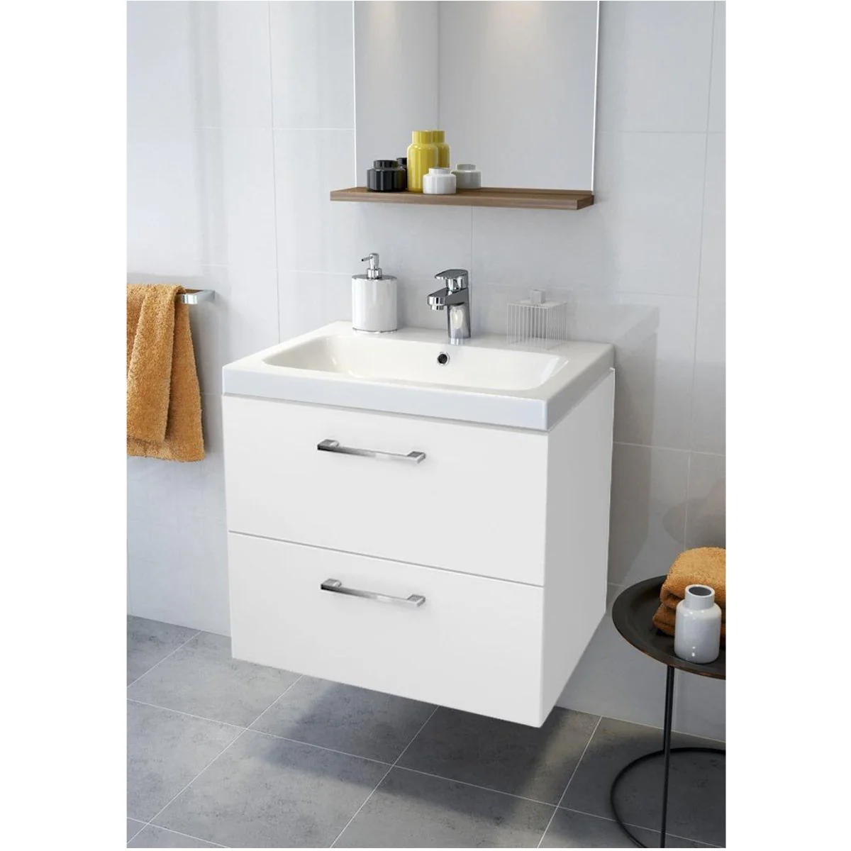 VBChome Waschtischunterschrank 60 cm Waschbecken mit Unterschrank 2 Schubladen Weiß Badmöbel weiß Hochglanz Badezimmermöbel hängend - Image 5