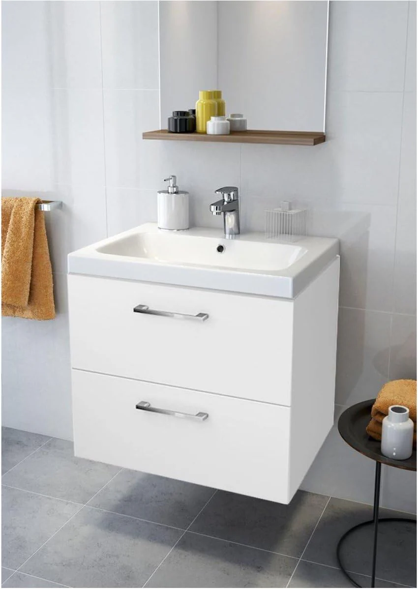 VBChome Waschtischunterschrank 60 cm Waschbecken mit Unterschrank 2 Schubladen Weiß Badmöbel weiß Hochglanz Badezimmermöbel hängend - Image 9