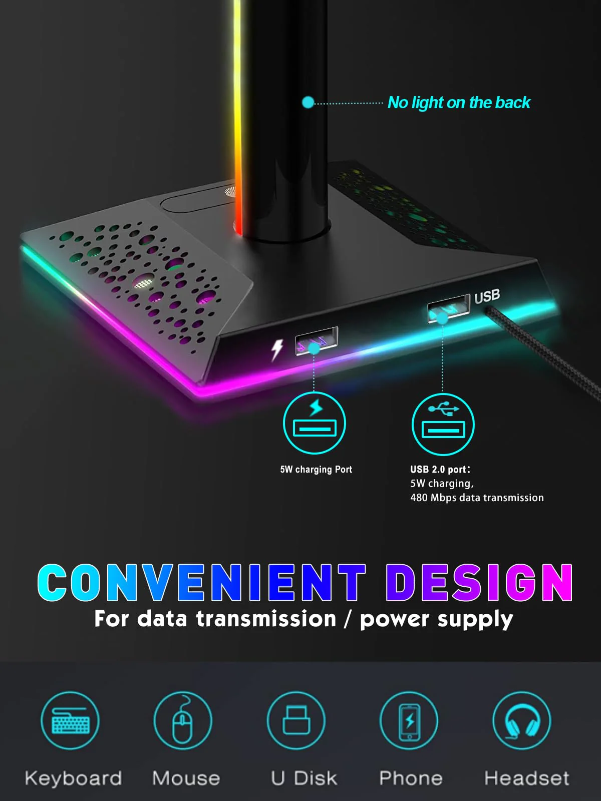 VCOM RGB Gaming Kopfhörer Ständer mit 10-Licht Modi, Controller Halter mit 2 USB Ports, PC Gaming Zubehör für Schreibtisch, Universal Speicher Organizer Headpsets/Xbox PS5 Controller/Switch/Handy - Image 2