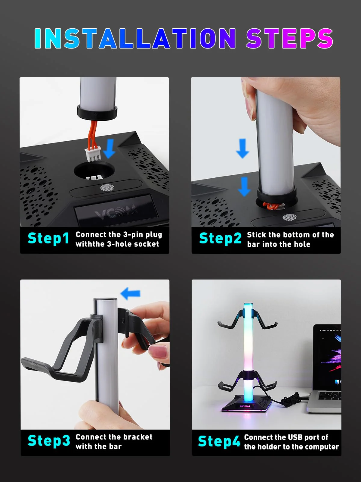 VCOM RGB Gaming Kopfhörer Ständer mit 10-Licht Modi, Controller Halter mit 2 USB Ports, PC Gaming Zubehör für Schreibtisch, Universal Speicher Organizer Headpsets/Xbox PS5 Controller/Switch/Handy - Image 3
