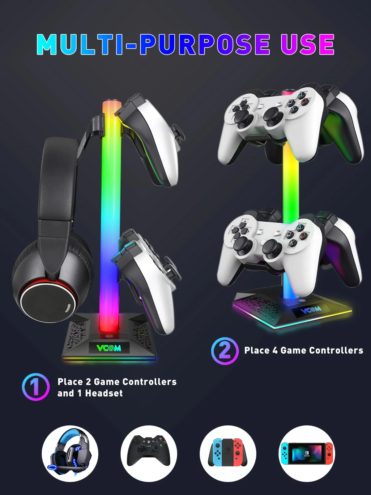 VCOM RGB Gaming Kopfhörer Ständer mit 10-Licht Modi, Controller Halter mit 2 USB Ports, PC Gaming Zubehör für Schreibtisch, Universal Speicher Organizer Headpsets/Xbox PS5 Controller/Switch/Handy - Image 7