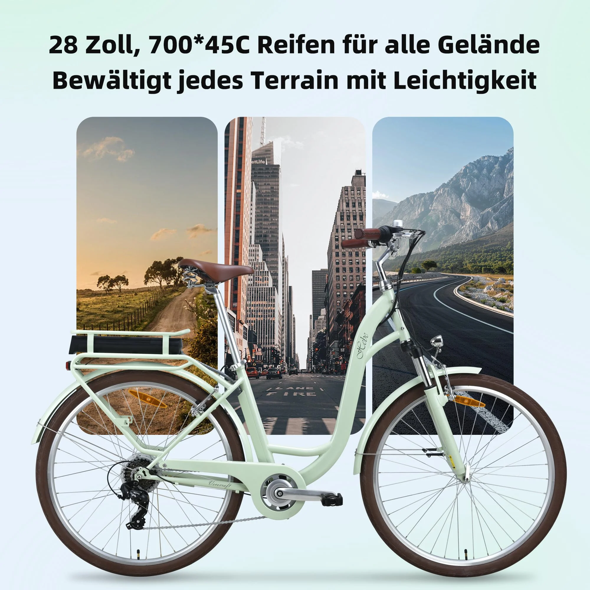 VecoCraft E-Bike City Elektrofahrrad für Herren und Damen 28 Zoll 7-Gang-Modus 3 Fahrmodi mit 10 Ah Akku 36V 250W Heckmotor RH 46 cm (Olivgrün) - Image 4